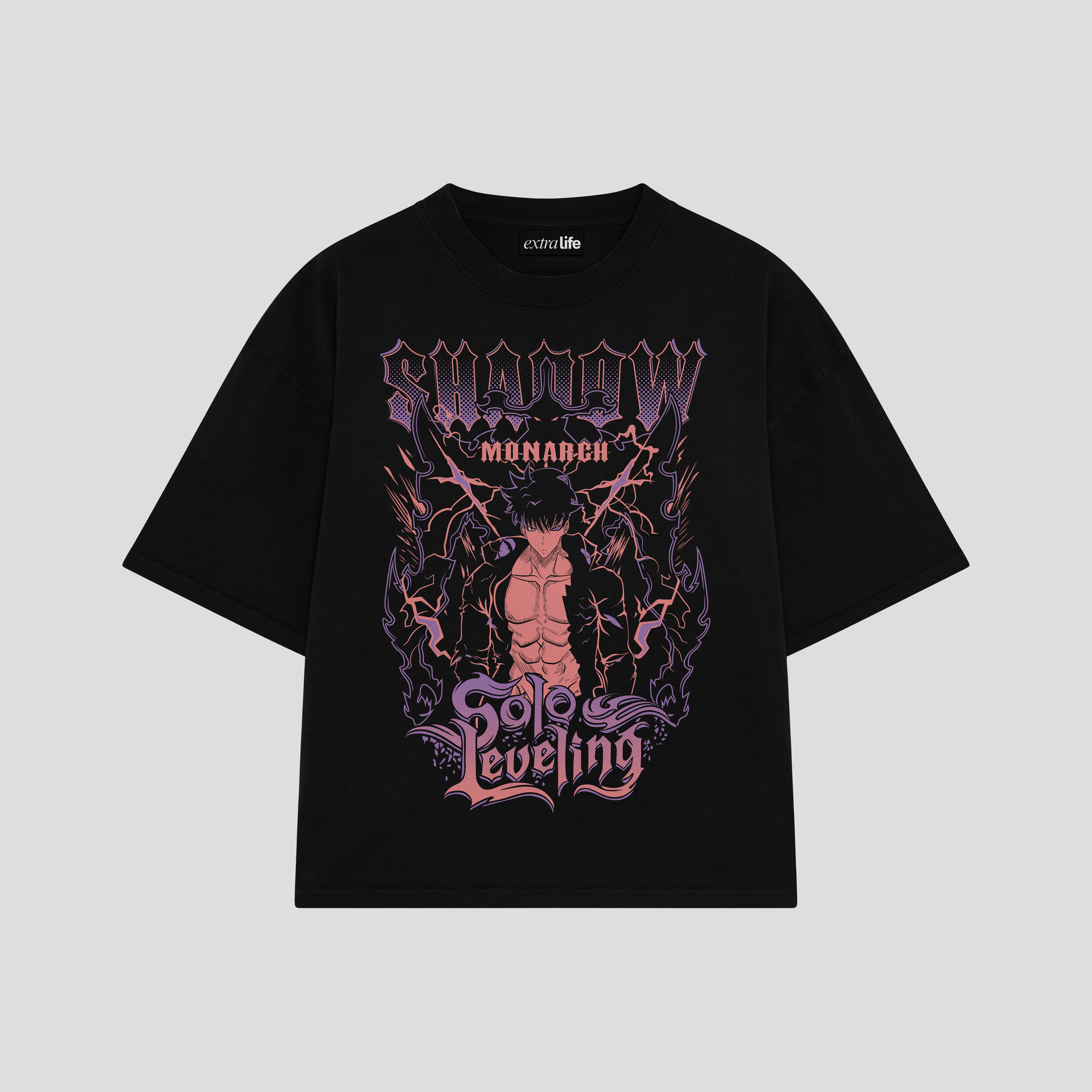 Playera streetwear premium de anime y gaming ExtraLife MX, corte boxy oversized drop shoulder heavyweight en color Deep Black y Off-White, moda urbana mexicana de culto.