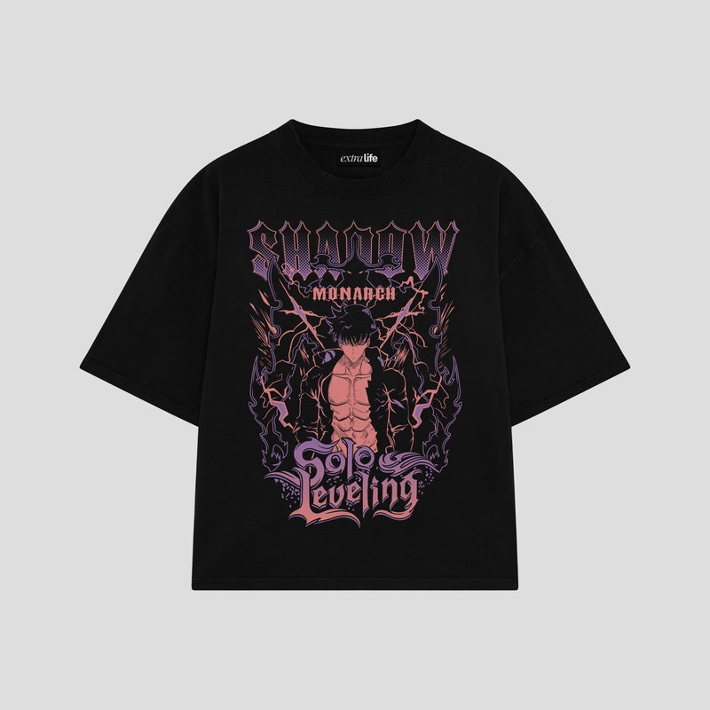 Playera streetwear premium de anime y gaming ExtraLife MX, corte boxy oversized drop shoulder heavyweight en color Deep Black y Off-White, moda urbana mexicana de culto.
