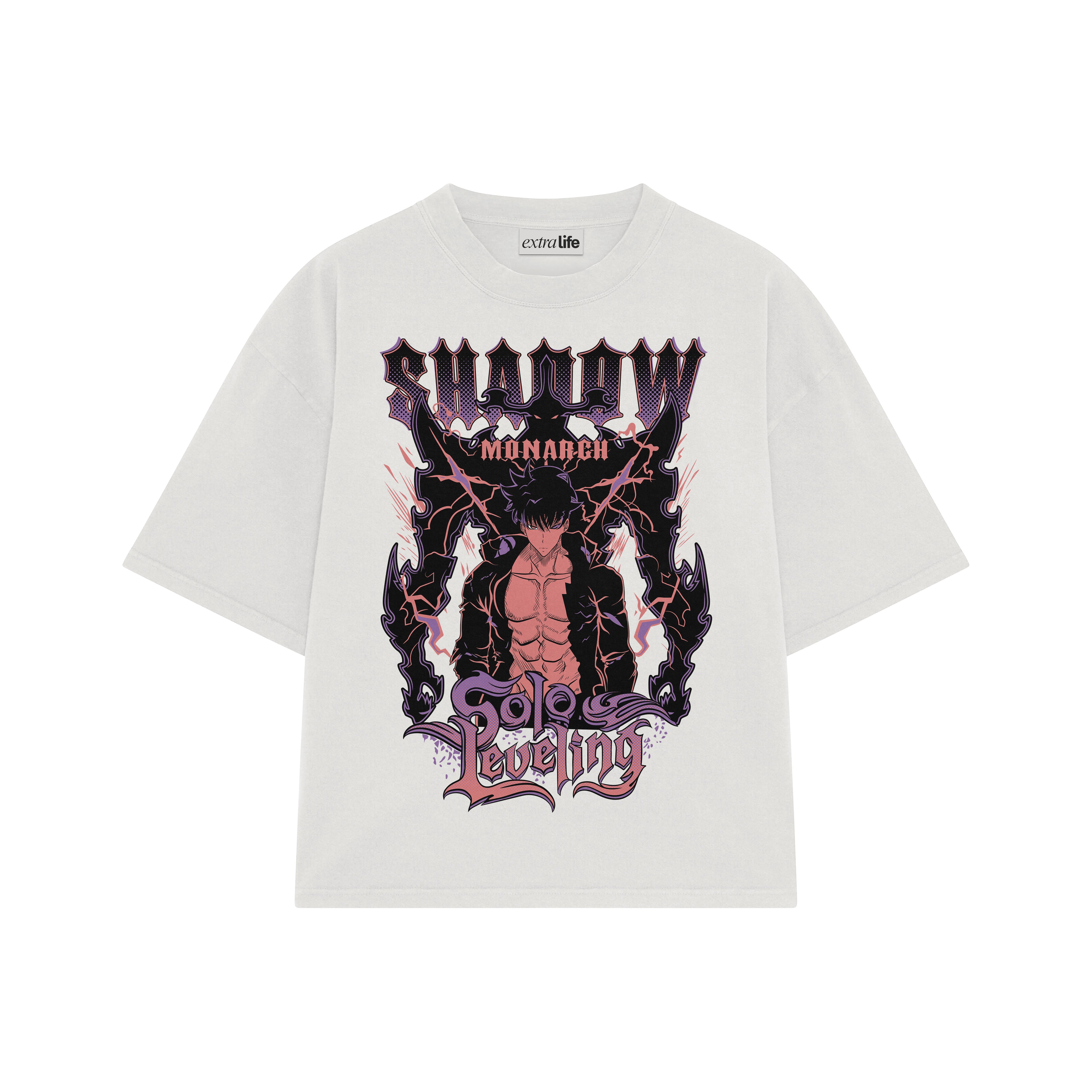 Playera streetwear premium de anime y gaming ExtraLife MX, corte boxy oversized drop shoulder heavyweight en color Deep Black y Off-White, moda urbana mexicana de culto.