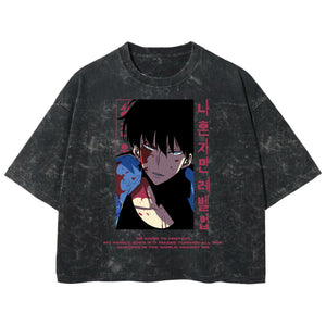 Playera streetwear premium de anime y gaming ExtraLife MX, corte boxy deluxe mineral wash heavyweight en color Acid Wash, moda urbana mexicana de culto.