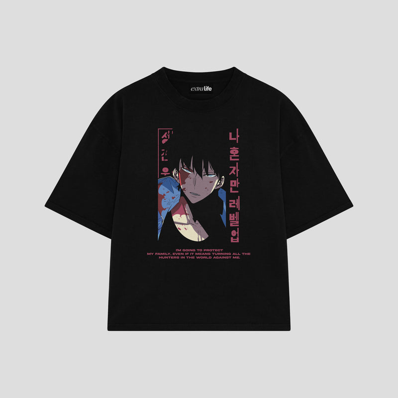 Playera streetwear premium de anime y gaming ExtraLife MX, corte boxy oversized drop shoulder heavyweight en color Deep Black y Off-White, moda urbana mexicana de culto.