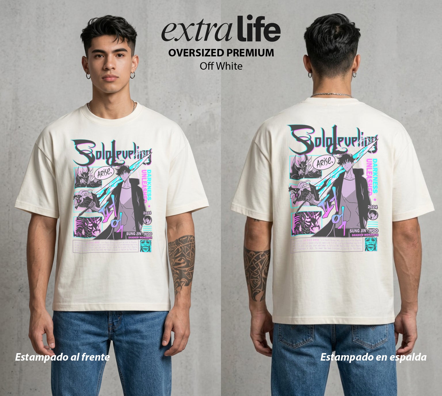 El Cazador Solitario | El Mas Debil al Mas Fuerte #04065 - Playera Oversized Premium | Off White - Foto en modelo
