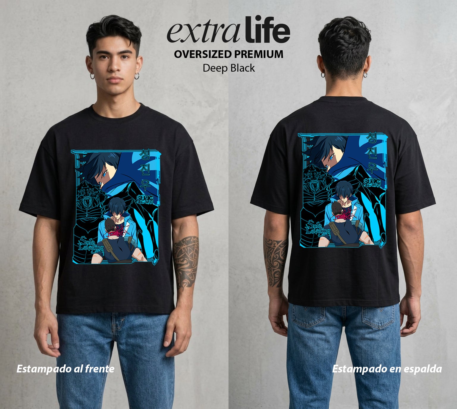 El Cazador Solitario | El Ascenso del Solitario #04066 - Playera Oversized Premium | Deep Black - Foto en modelo