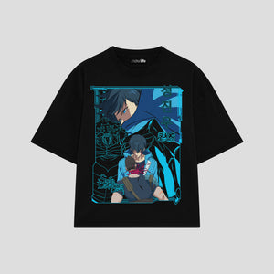 Playera streetwear premium de anime y gaming ExtraLife MX, corte boxy oversized drop shoulder heavyweight en color Deep Black y Off-White, moda urbana mexicana de culto.