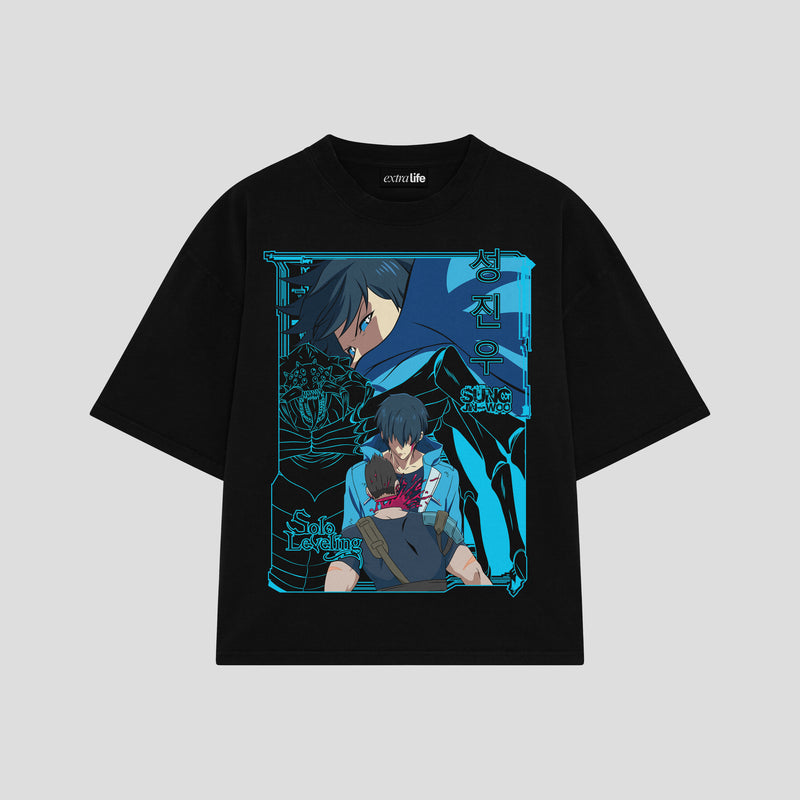 Playera streetwear premium de anime y gaming ExtraLife MX, corte boxy oversized drop shoulder heavyweight en color Deep Black y Off-White, moda urbana mexicana de culto.