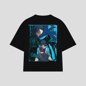 Playera streetwear premium de anime y gaming ExtraLife MX, corte boxy oversized drop shoulder heavyweight en color Deep Black y Off-White, moda urbana mexicana de culto.