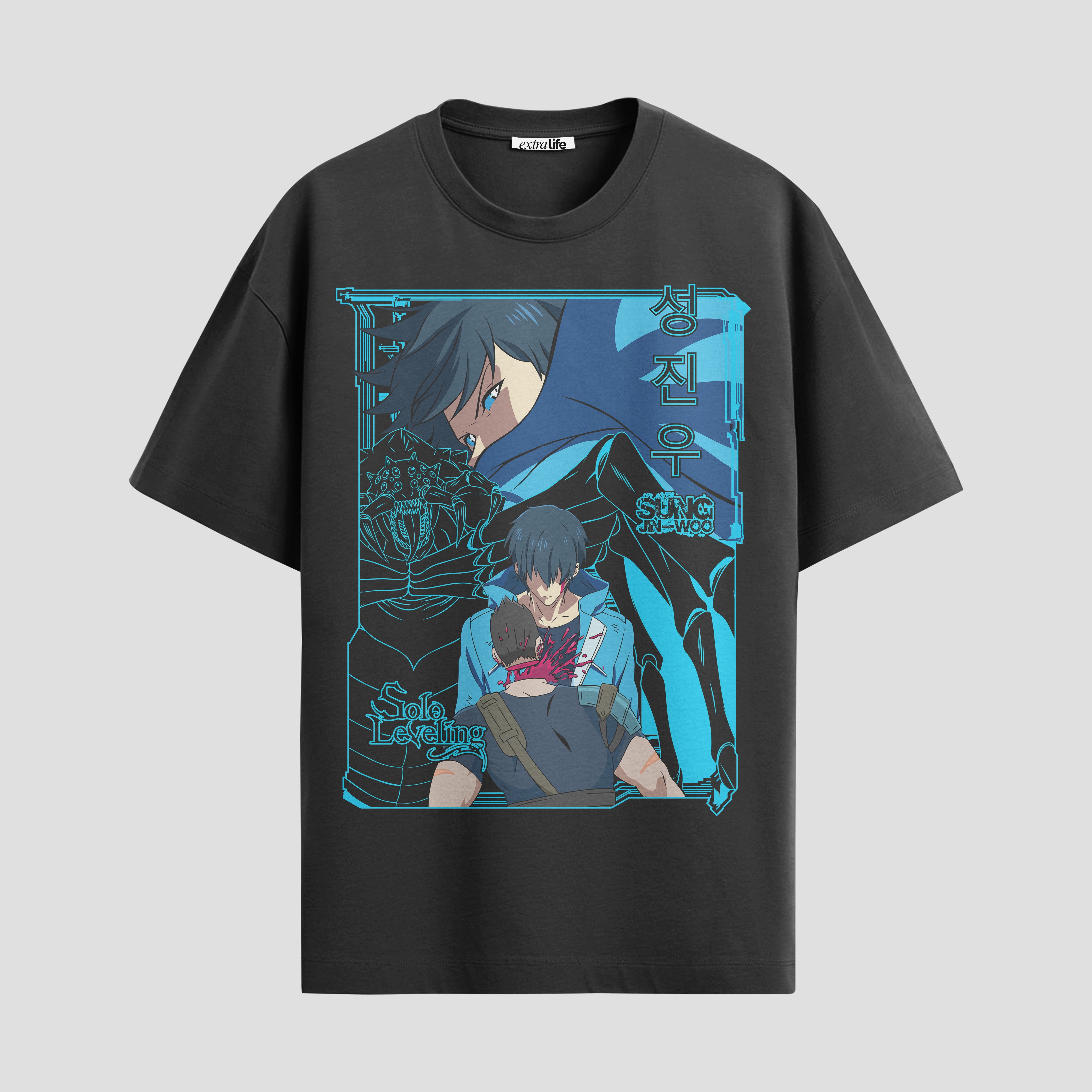 Playera urbana de anime y gaming ExtraLife MX, corte Standard Fit unisex ligero y transpirable en color Deep Black y Pure White, ropa de uso diario para gym y casual.