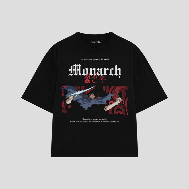 Playera streetwear premium de anime y gaming ExtraLife MX, corte boxy oversized drop shoulder heavyweight en color Deep Black y Off-White, moda urbana mexicana de culto.
