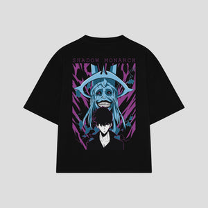 Playera streetwear premium de anime y gaming ExtraLife MX, corte boxy oversized drop shoulder heavyweight en color Deep Black y Off-White, moda urbana mexicana de culto.