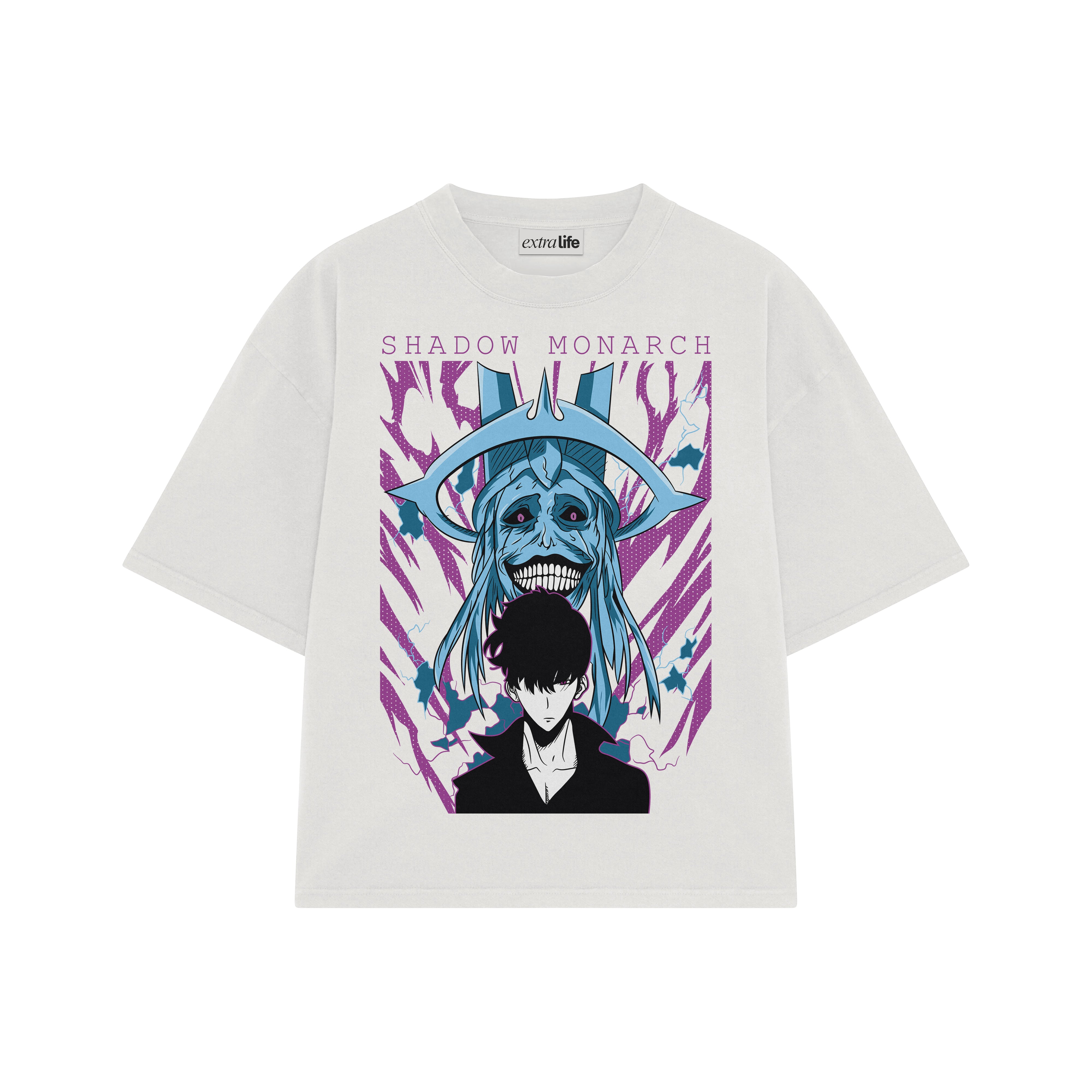Playera streetwear premium de anime y gaming ExtraLife MX, corte boxy oversized drop shoulder heavyweight en color Deep Black y Off-White, moda urbana mexicana de culto.
