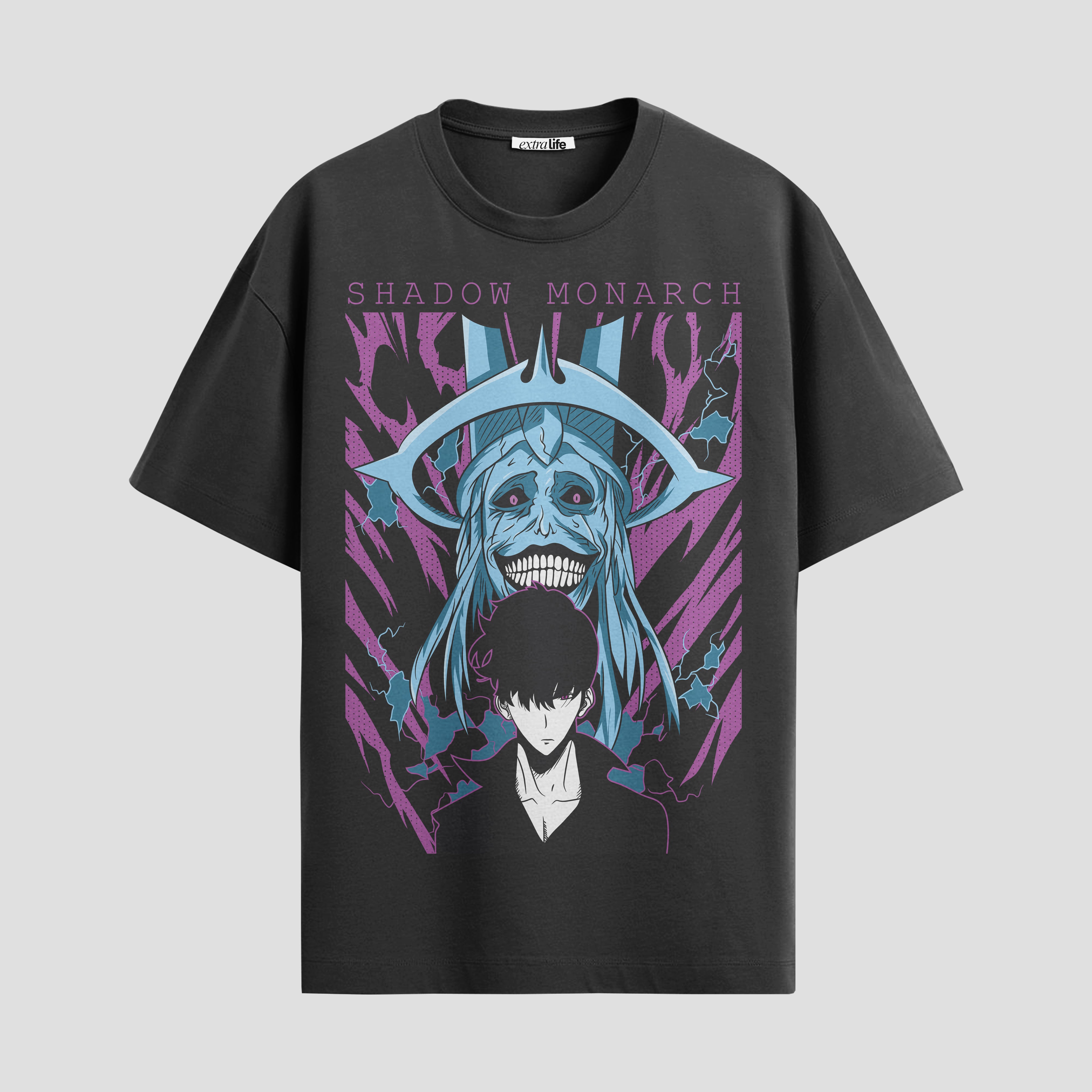 Playera urbana de anime y gaming ExtraLife MX, corte Standard Fit unisex ligero y transpirable en color Deep Black y Pure White, ropa de uso diario para gym y casual.