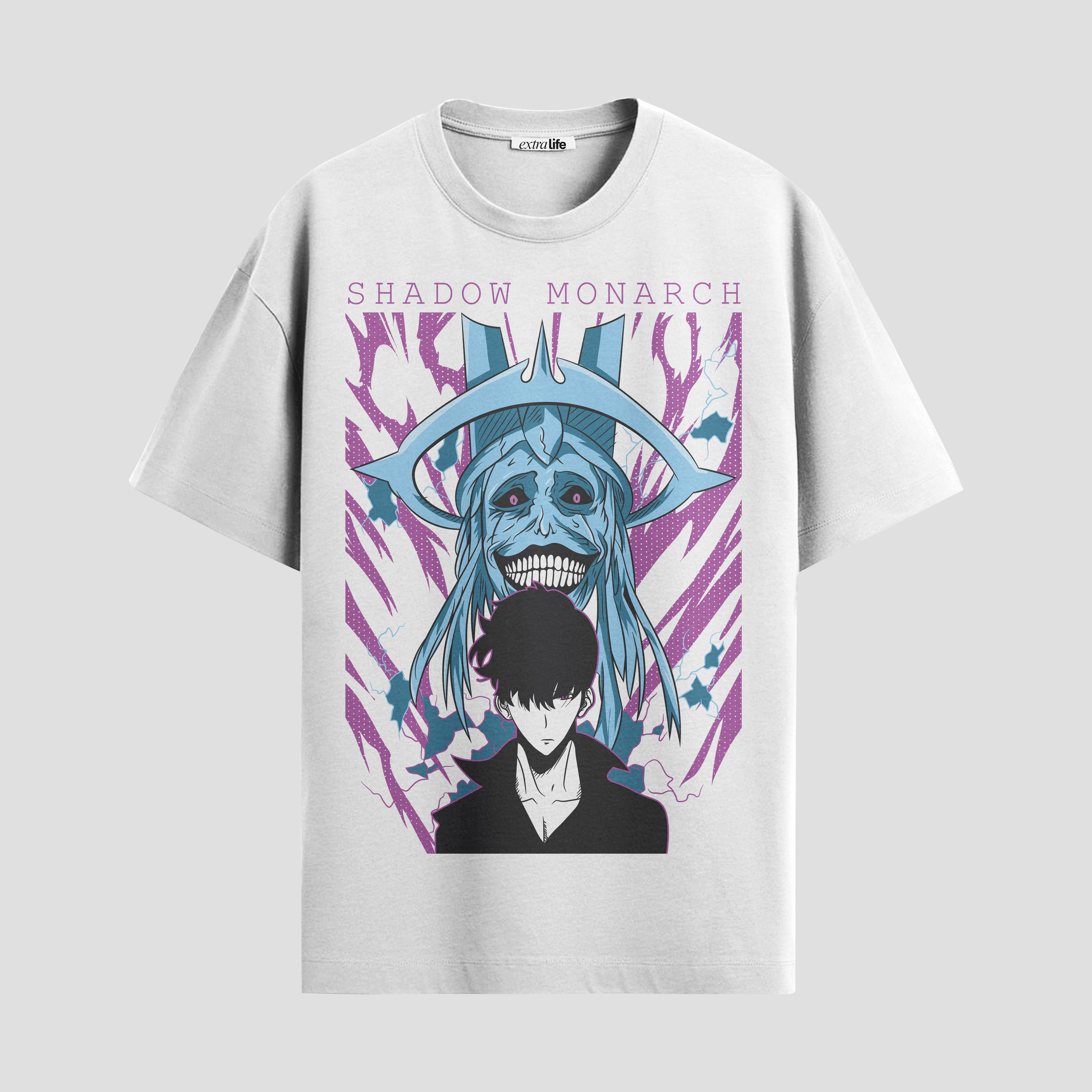 Playera urbana de anime y gaming ExtraLife MX, corte Standard Fit unisex ligero y transpirable en color Deep Black y Pure White, ropa de uso diario para gym y casual.