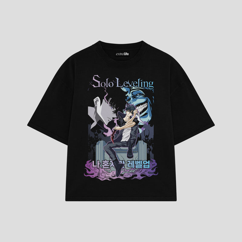 Playera streetwear premium de anime y gaming ExtraLife MX, corte boxy oversized drop shoulder heavyweight en color Deep Black y Off-White, moda urbana mexicana de culto.