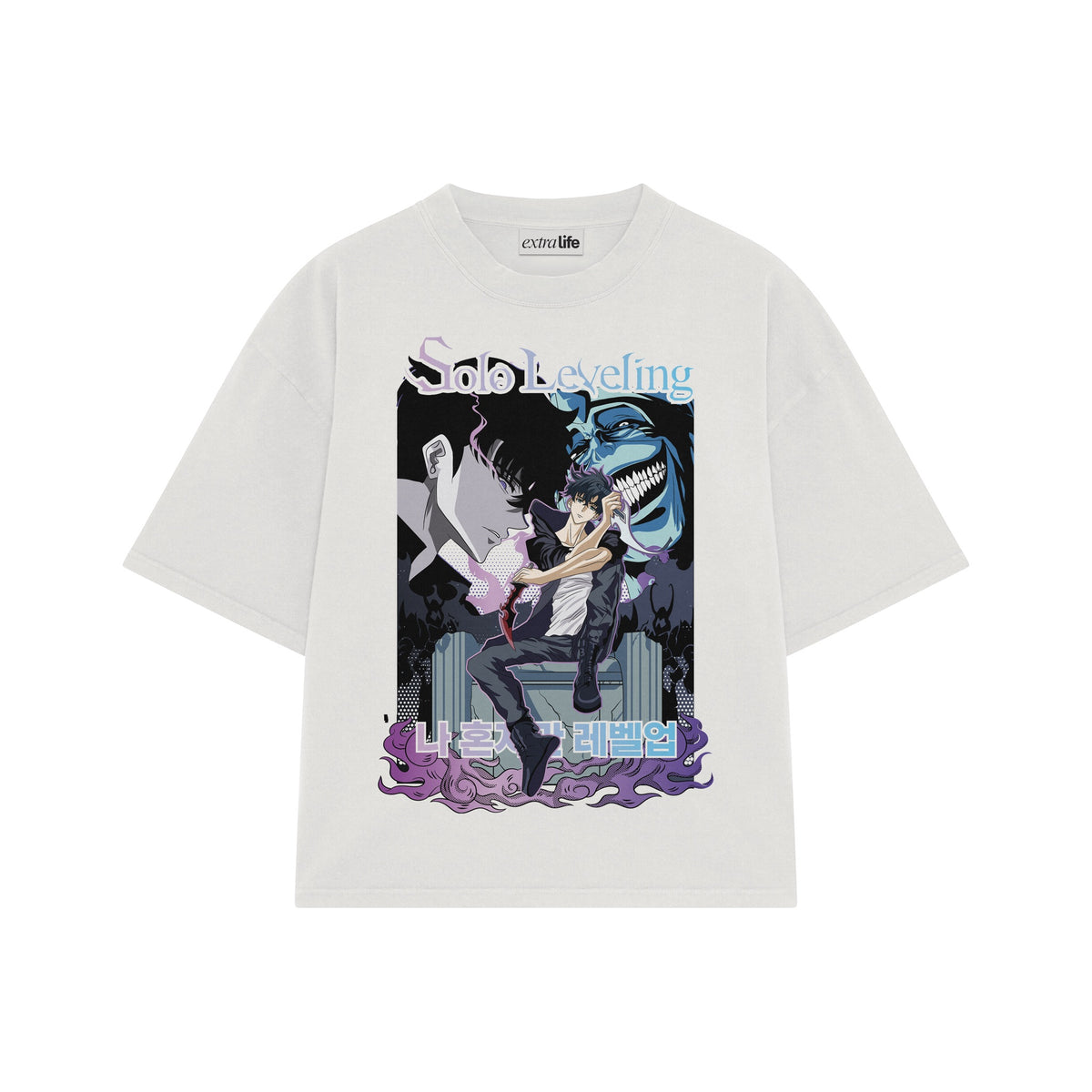 Playera streetwear premium de anime y gaming ExtraLife MX, corte oversized drop shoulder ligero y fresco en color Deep Black y Off-White, moda urbana mexicana de culto.
