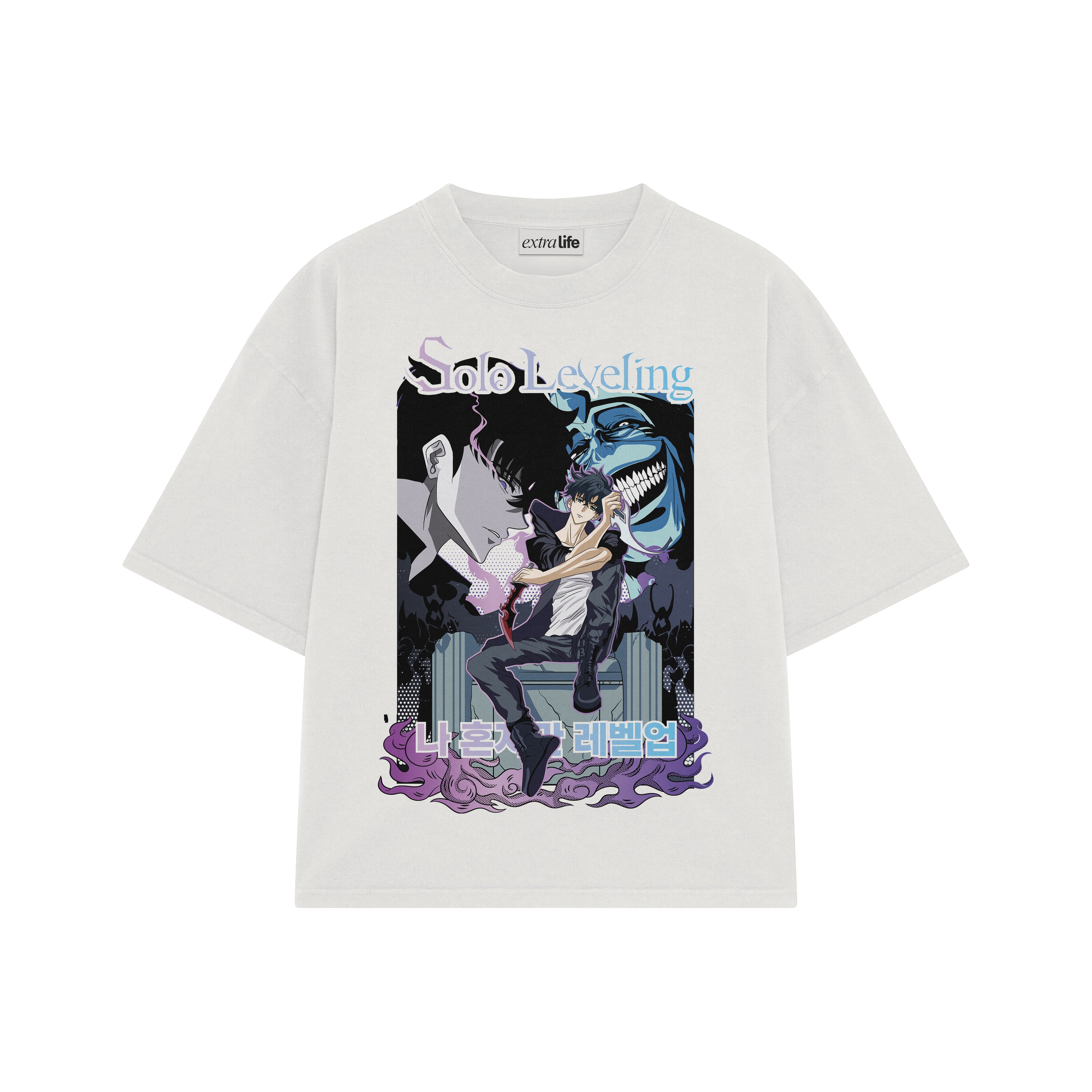 Playera streetwear premium de anime y gaming ExtraLife MX, corte boxy oversized drop shoulder heavyweight en color Deep Black y Off-White, moda urbana mexicana de culto.