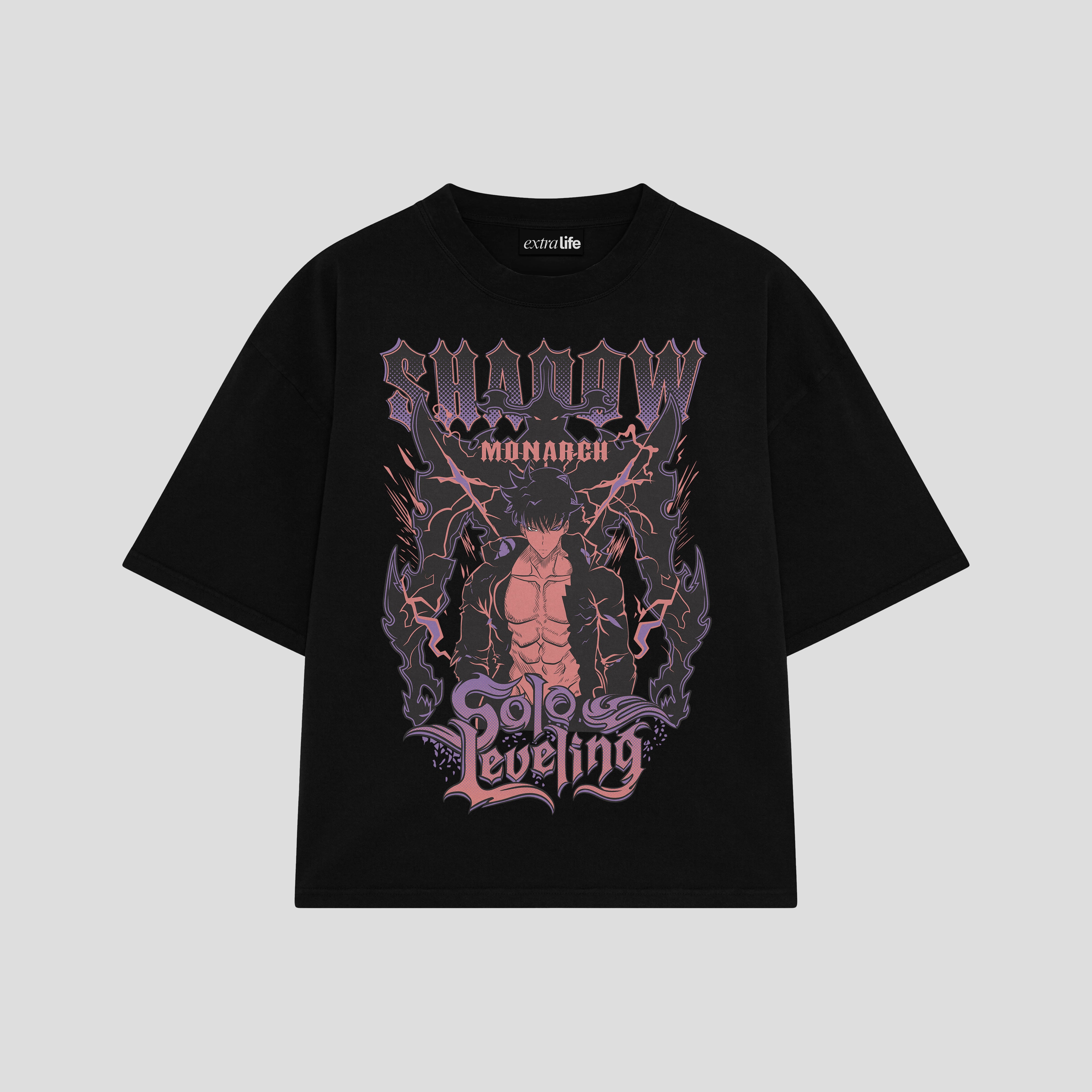 Playera streetwear premium de anime y gaming ExtraLife MX, corte boxy oversized drop shoulder heavyweight en color Deep Black y Off-White, moda urbana mexicana de culto.