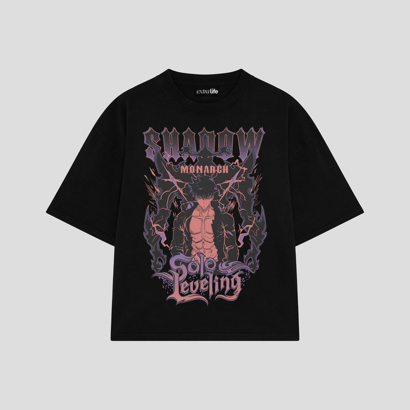 Playera streetwear premium de anime y gaming ExtraLife MX, corte boxy oversized drop shoulder heavyweight en color Deep Black y Off-White, moda urbana mexicana de culto.