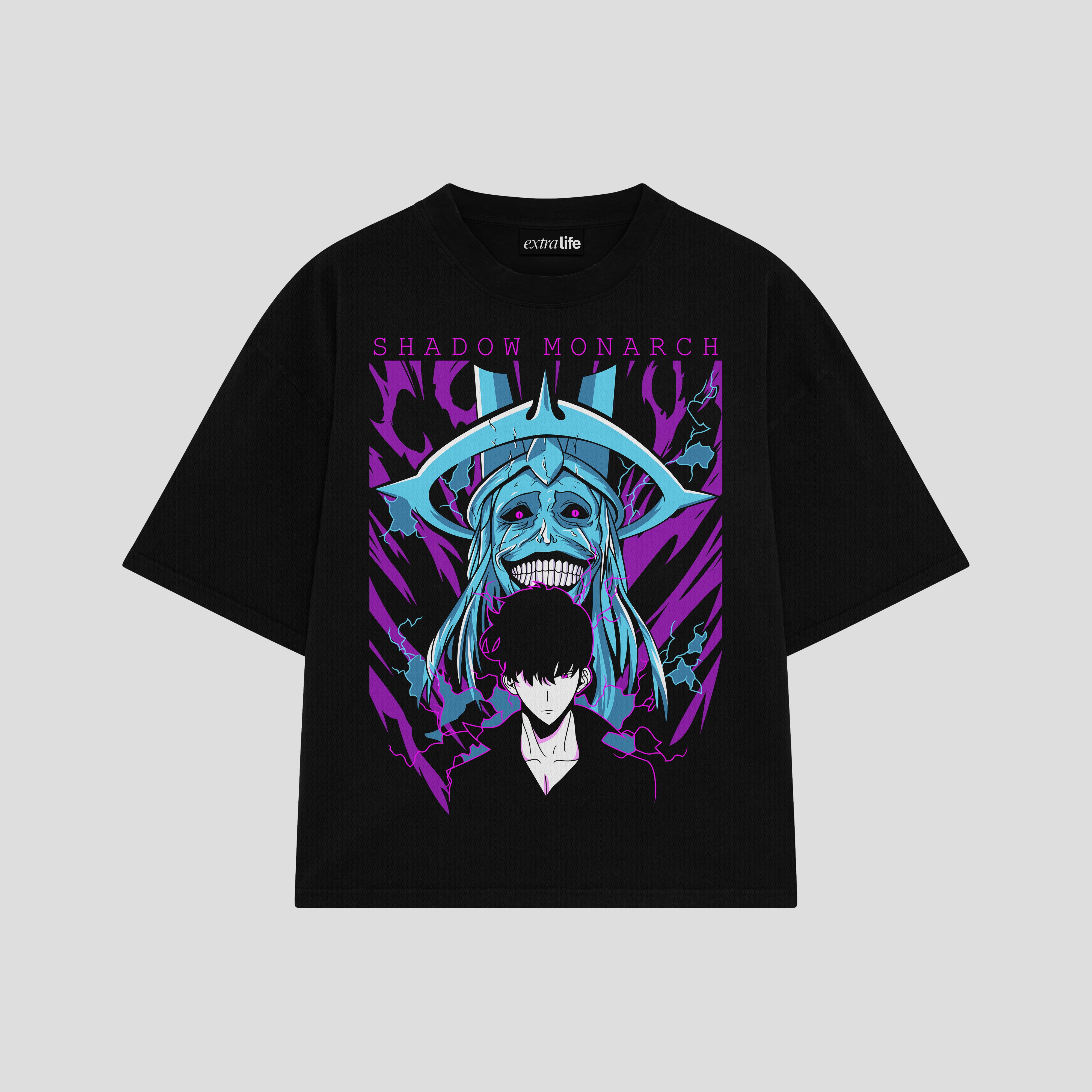 Playera streetwear premium de anime y gaming ExtraLife MX, corte boxy oversized drop shoulder heavyweight en color Deep Black y Off-White, moda urbana mexicana de culto.