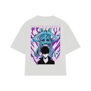 Playera streetwear premium de anime y gaming ExtraLife MX, corte boxy oversized drop shoulder heavyweight en color Deep Black y Off-White, moda urbana mexicana de culto.