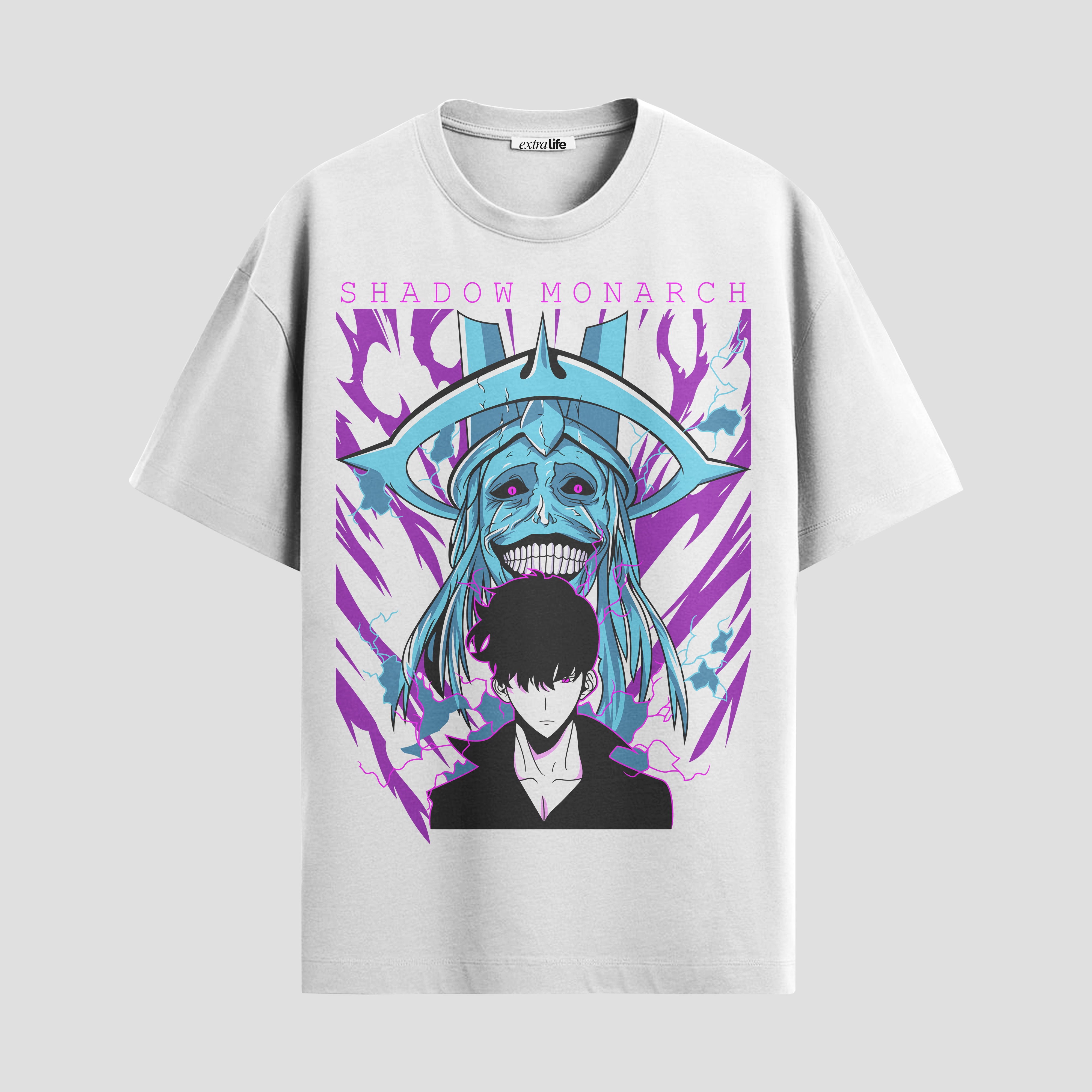 Playera urbana de anime y gaming ExtraLife MX, corte Standard Fit unisex ligero y transpirable en color Deep Black y Pure White, ropa de uso diario para gym y casual.