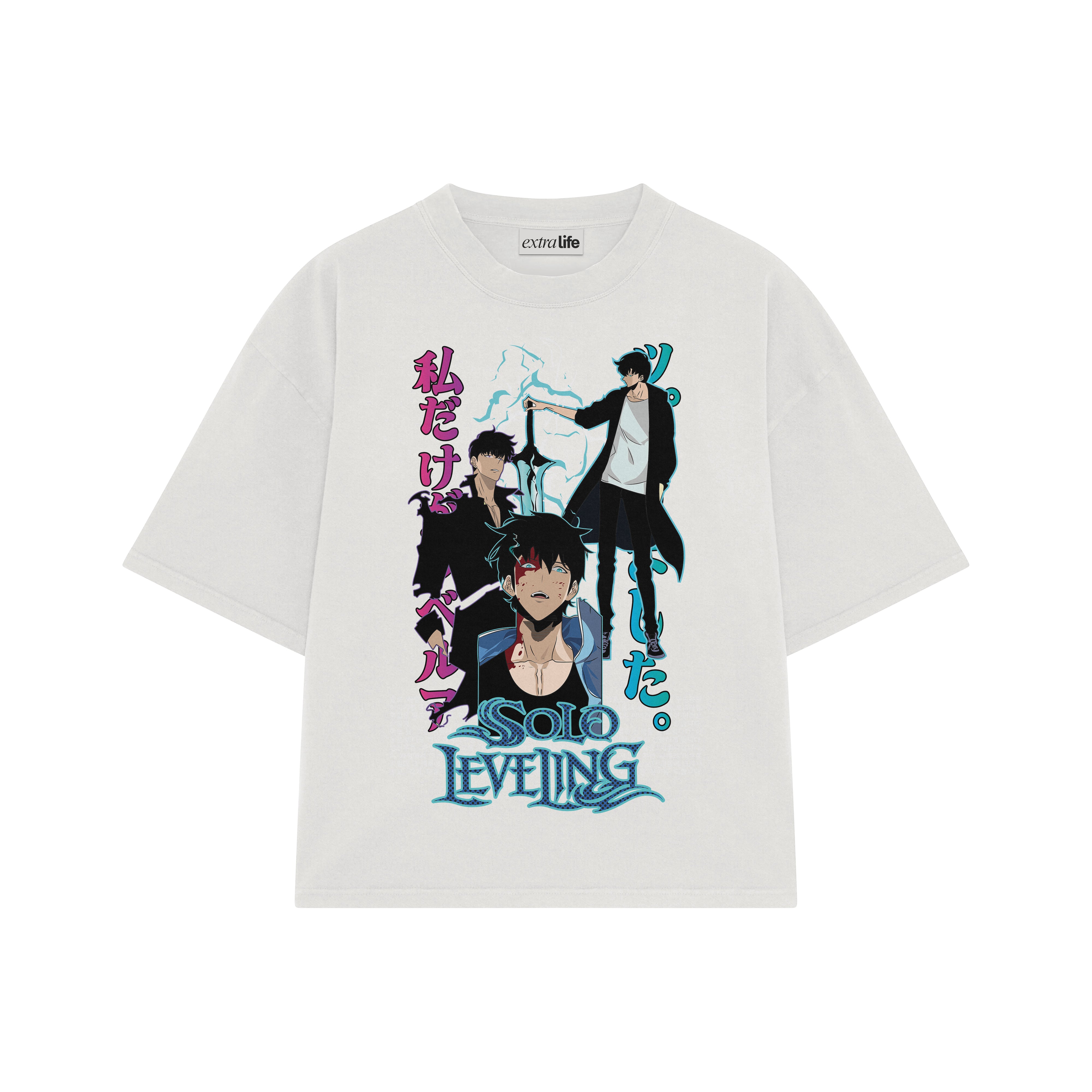Playera streetwear premium de anime y gaming ExtraLife MX, corte boxy oversized drop shoulder heavyweight en color Deep Black y Off-White, moda urbana mexicana de culto.