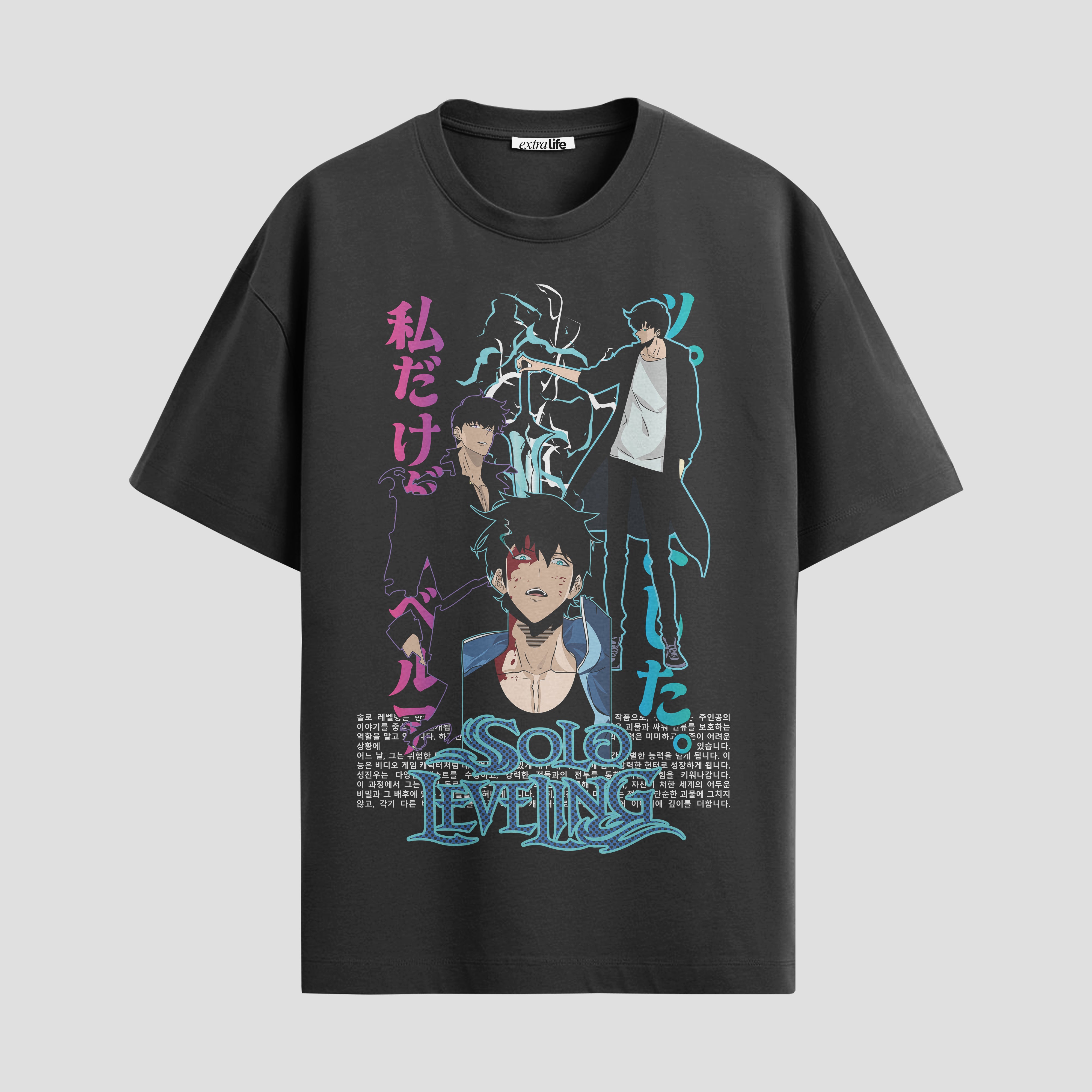 Playera urbana de anime y gaming ExtraLife MX, corte Standard Fit unisex ligero y transpirable en color Deep Black y Pure White, ropa de uso diario para gym y casual.