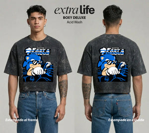 Playera streetwear premium de anime y gaming ExtraLife MX, corte boxy deluxe mineral wash heavyweight en color Acid Wash, moda urbana mexicana de culto.