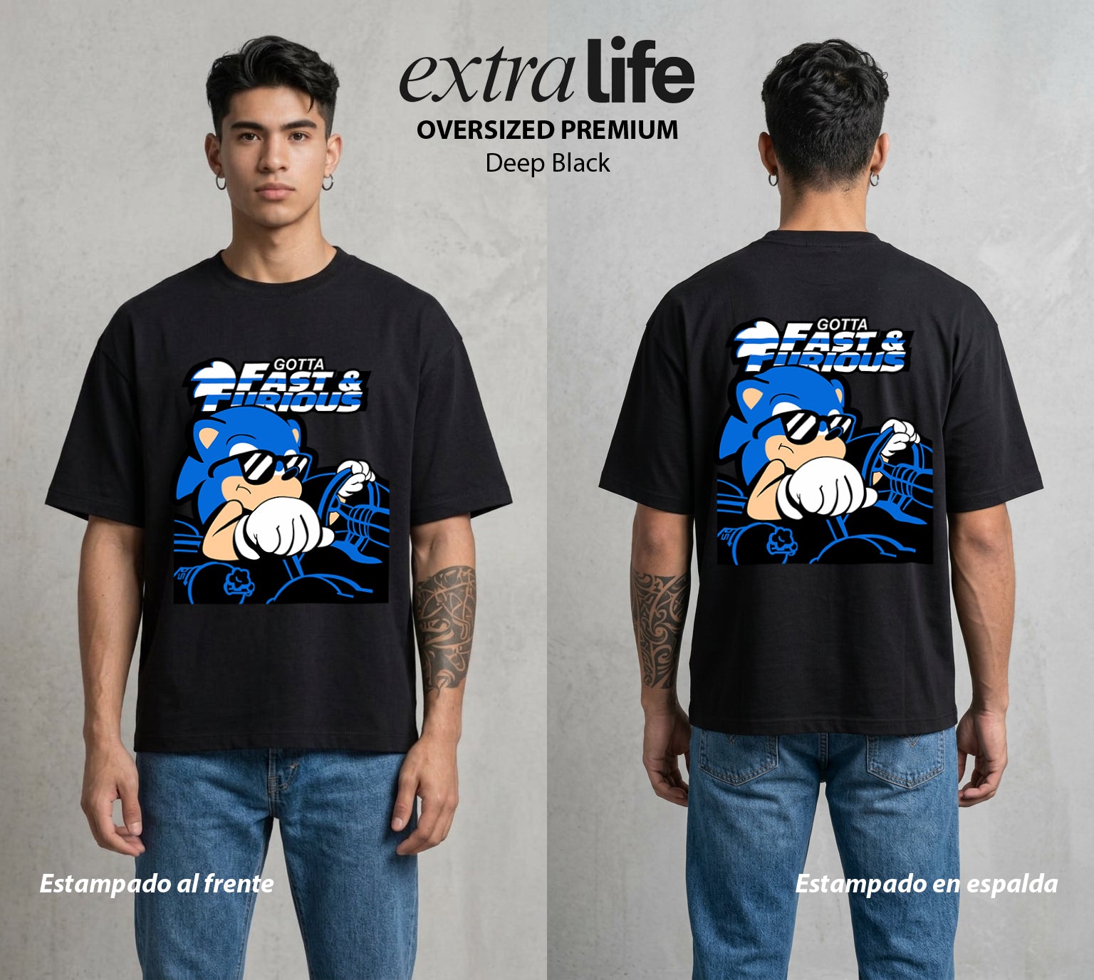 La Velocidad del Erizo | Velocidad y Furia #04073 - Playera Oversized Premium | Deep Black - Foto en modelo