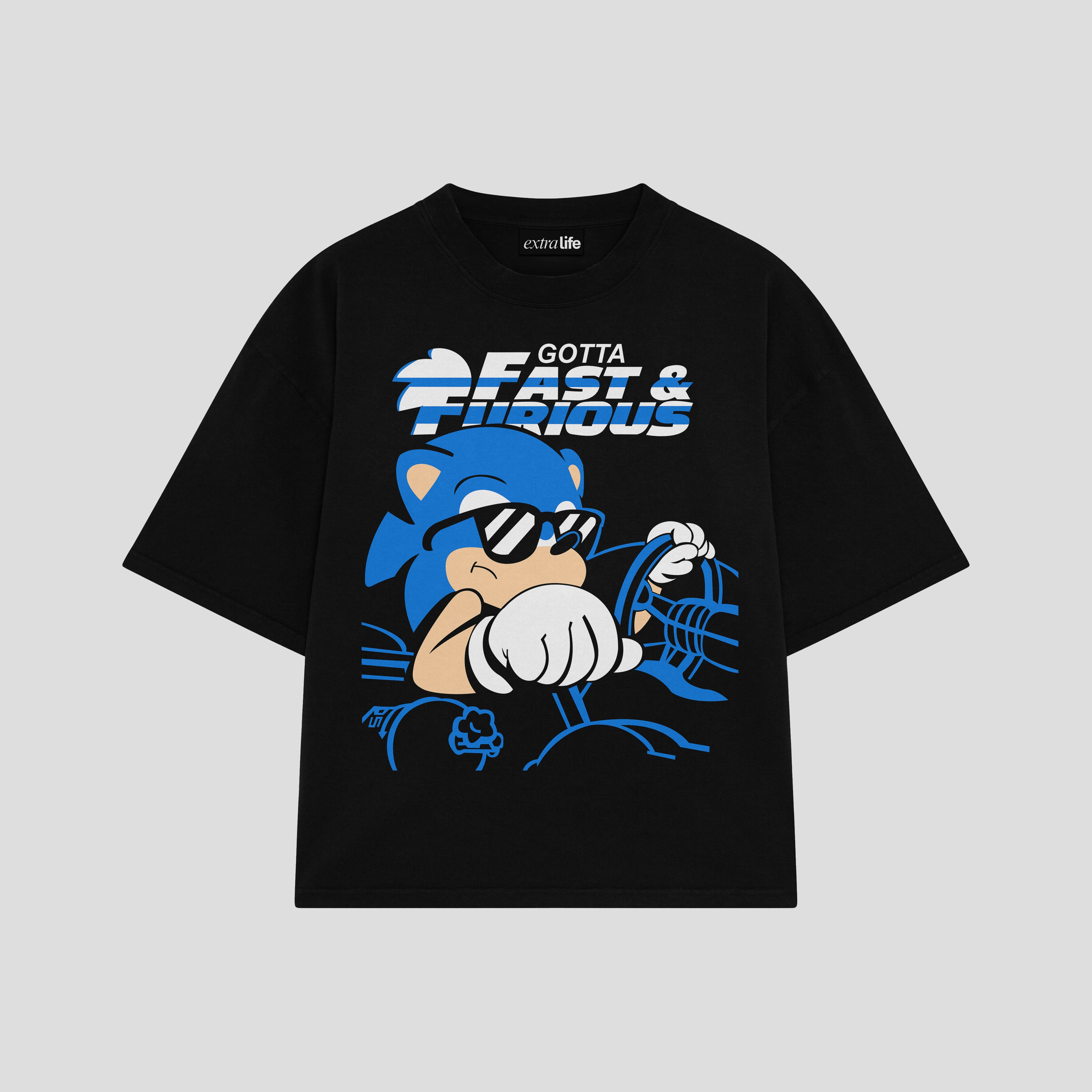 Playera streetwear premium de anime y gaming ExtraLife MX, corte boxy oversized drop shoulder heavyweight en color Deep Black y Off-White, moda urbana mexicana de culto.