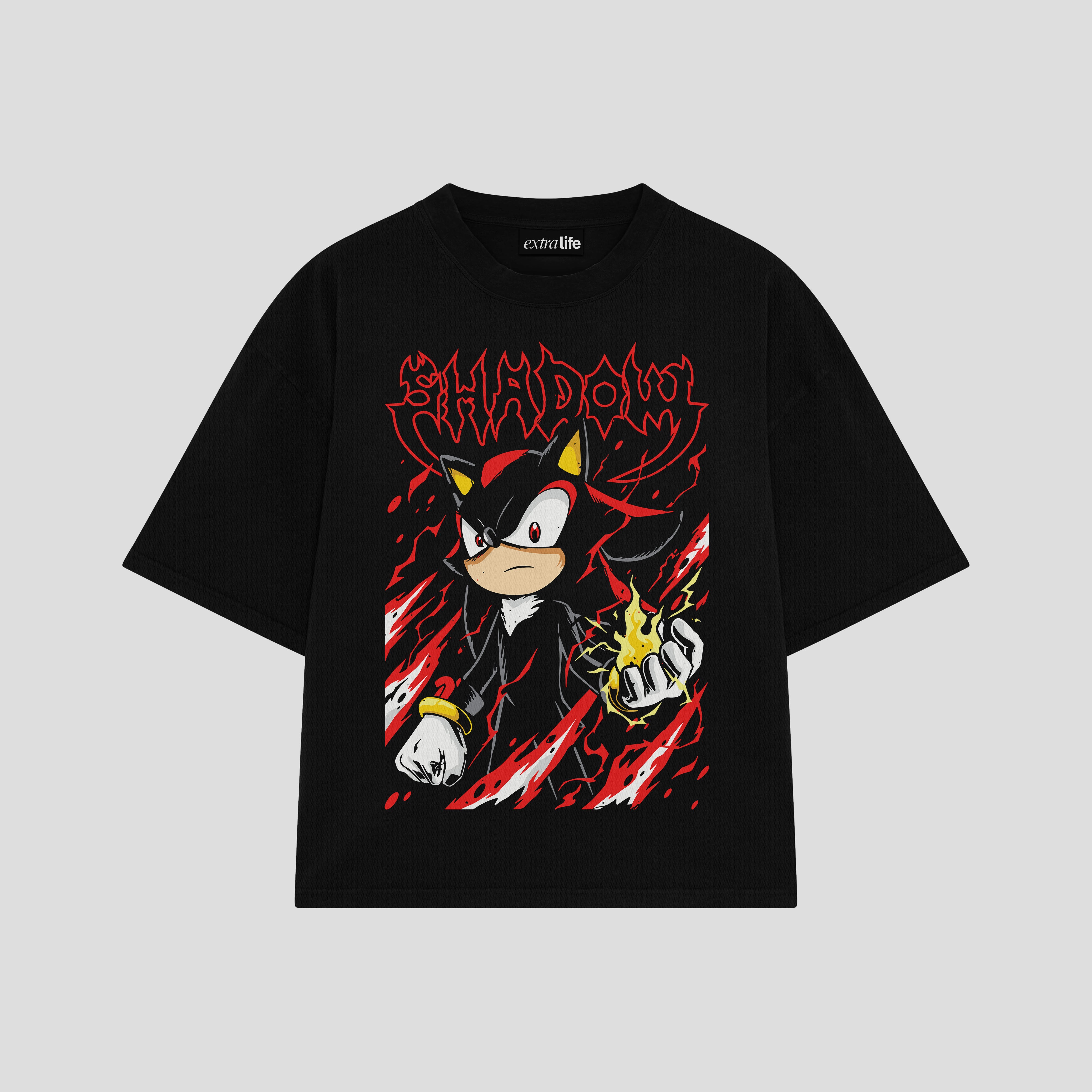 Playera streetwear premium de anime y gaming ExtraLife MX, corte boxy oversized drop shoulder heavyweight en color Deep Black y Off-White, moda urbana mexicana de culto.