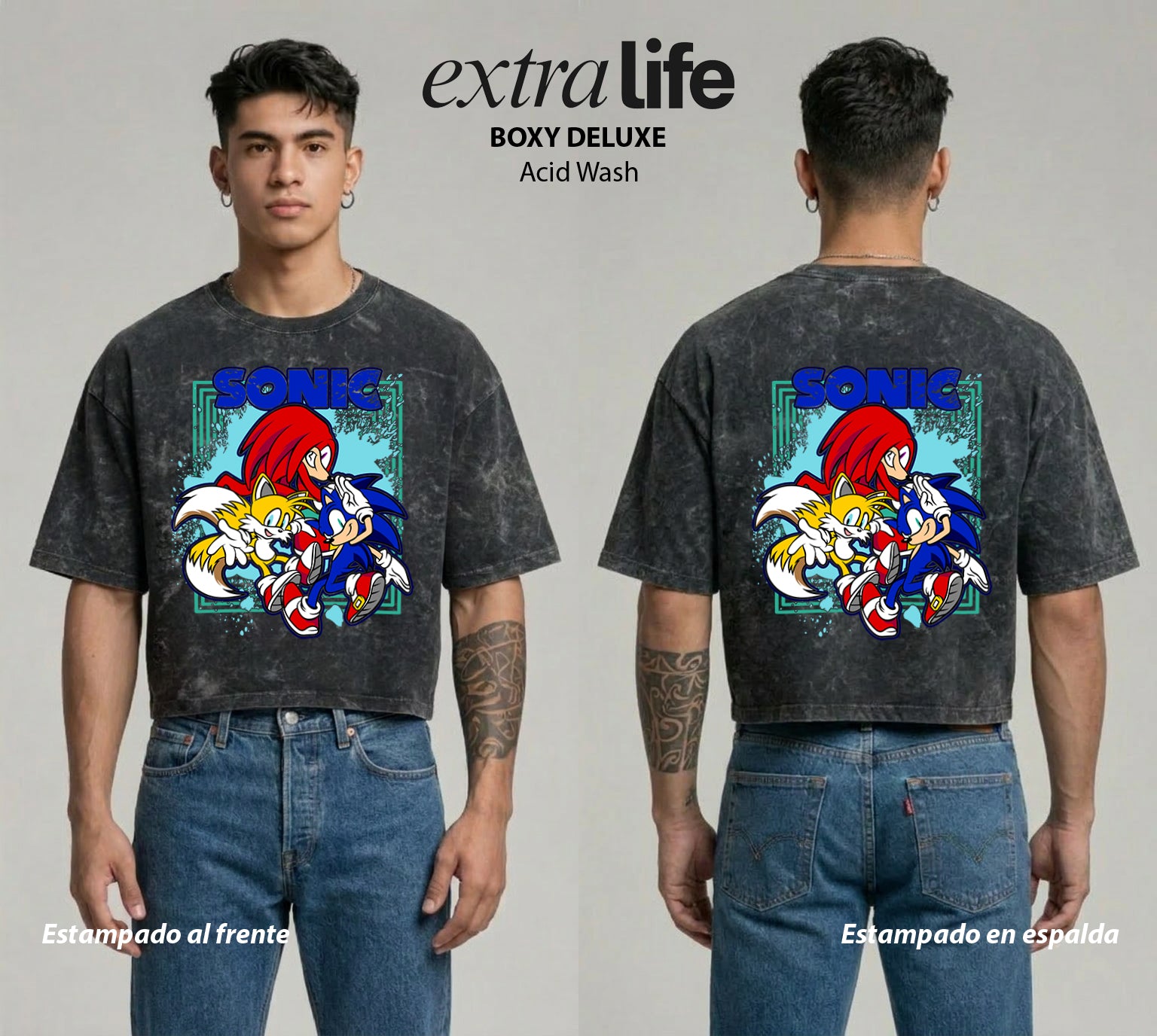 Playera streetwear premium de anime y gaming ExtraLife MX, corte boxy deluxe mineral wash heavyweight en color Acid Wash, moda urbana mexicana de culto.