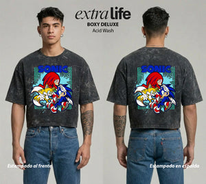 Playera streetwear premium de anime y gaming ExtraLife MX, corte boxy deluxe mineral wash heavyweight en color Acid Wash, moda urbana mexicana de culto.