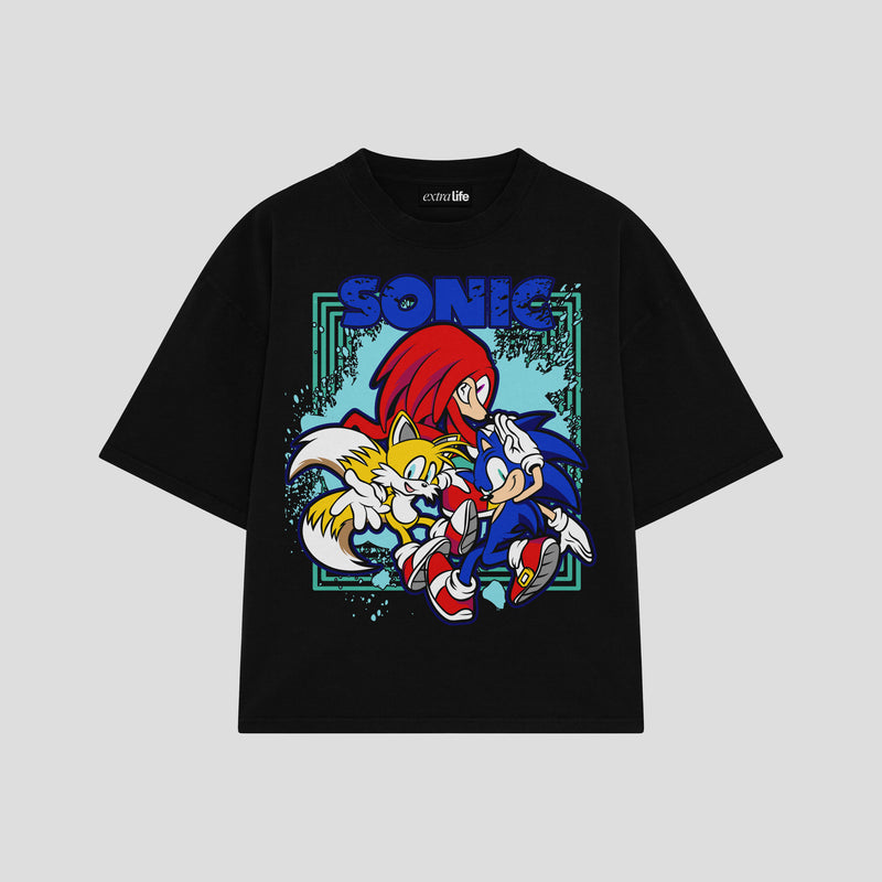 Playera streetwear premium de anime y gaming ExtraLife MX, corte boxy oversized drop shoulder heavyweight en color Deep Black y Off-White, moda urbana mexicana de culto.
