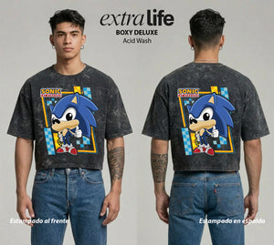 Playera streetwear premium de anime y gaming ExtraLife MX, corte boxy deluxe mineral wash heavyweight en color Acid Wash, moda urbana mexicana de culto.
