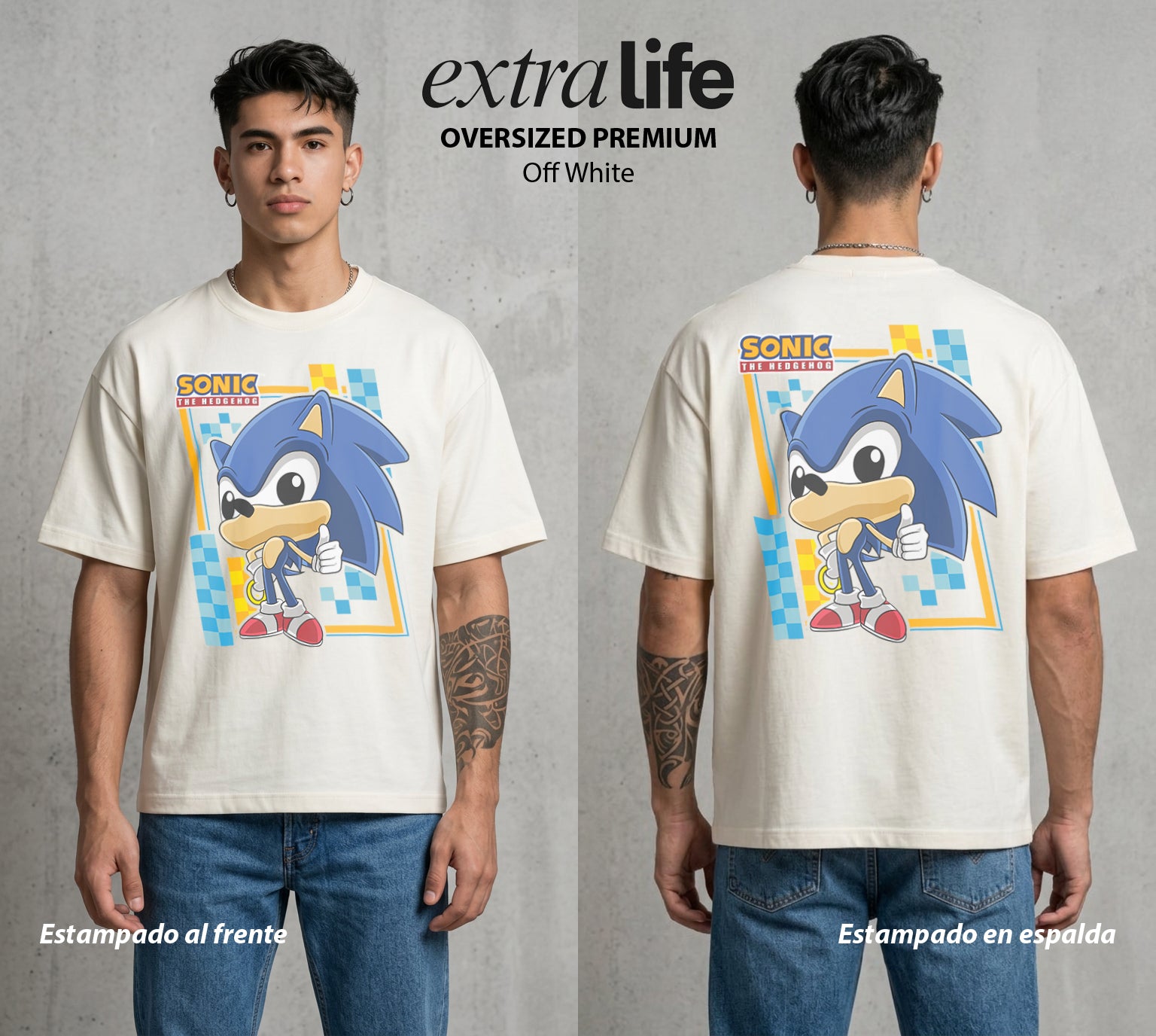 La Velocidad del Erizo | El Erizo Veloz #04077 - Playera Oversized Premium | Off White - Foto en modelo