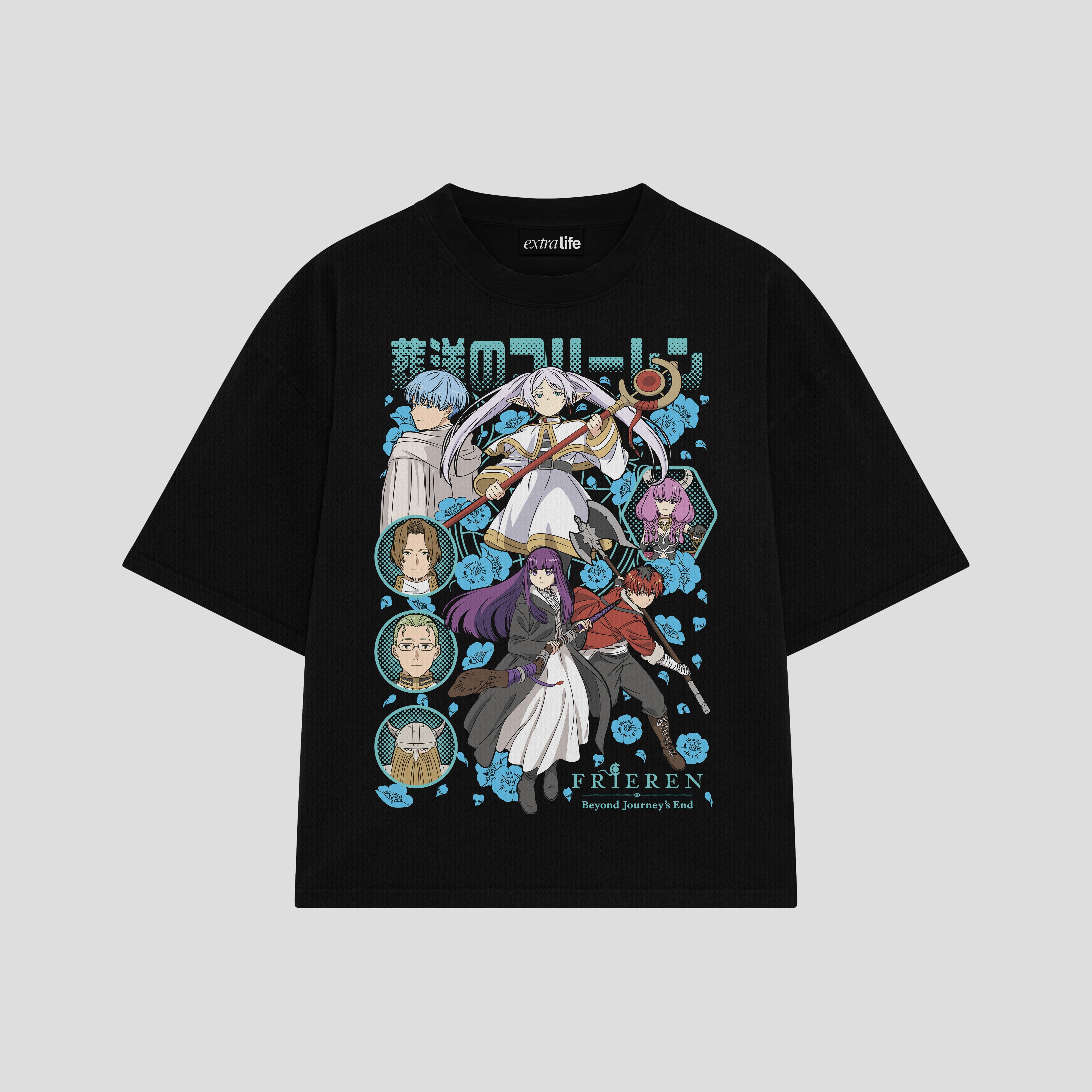 Playera streetwear premium de anime y gaming ExtraLife MX, corte boxy oversized drop shoulder heavyweight en color Deep Black y Off-White, moda urbana mexicana de culto.