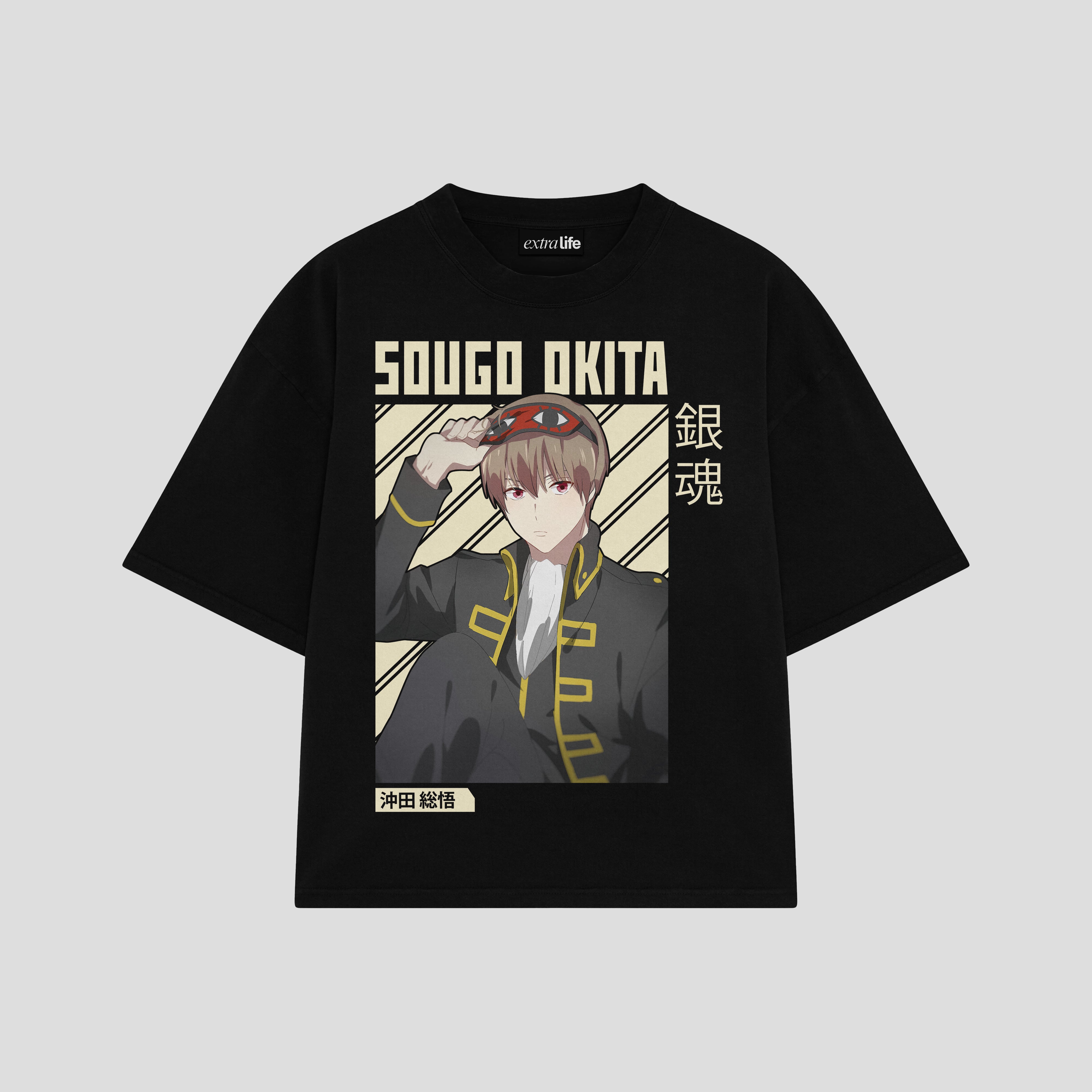 Playera streetwear premium de anime y gaming ExtraLife MX, corte boxy oversized drop shoulder heavyweight en color Deep Black y Off-White, moda urbana mexicana de culto.