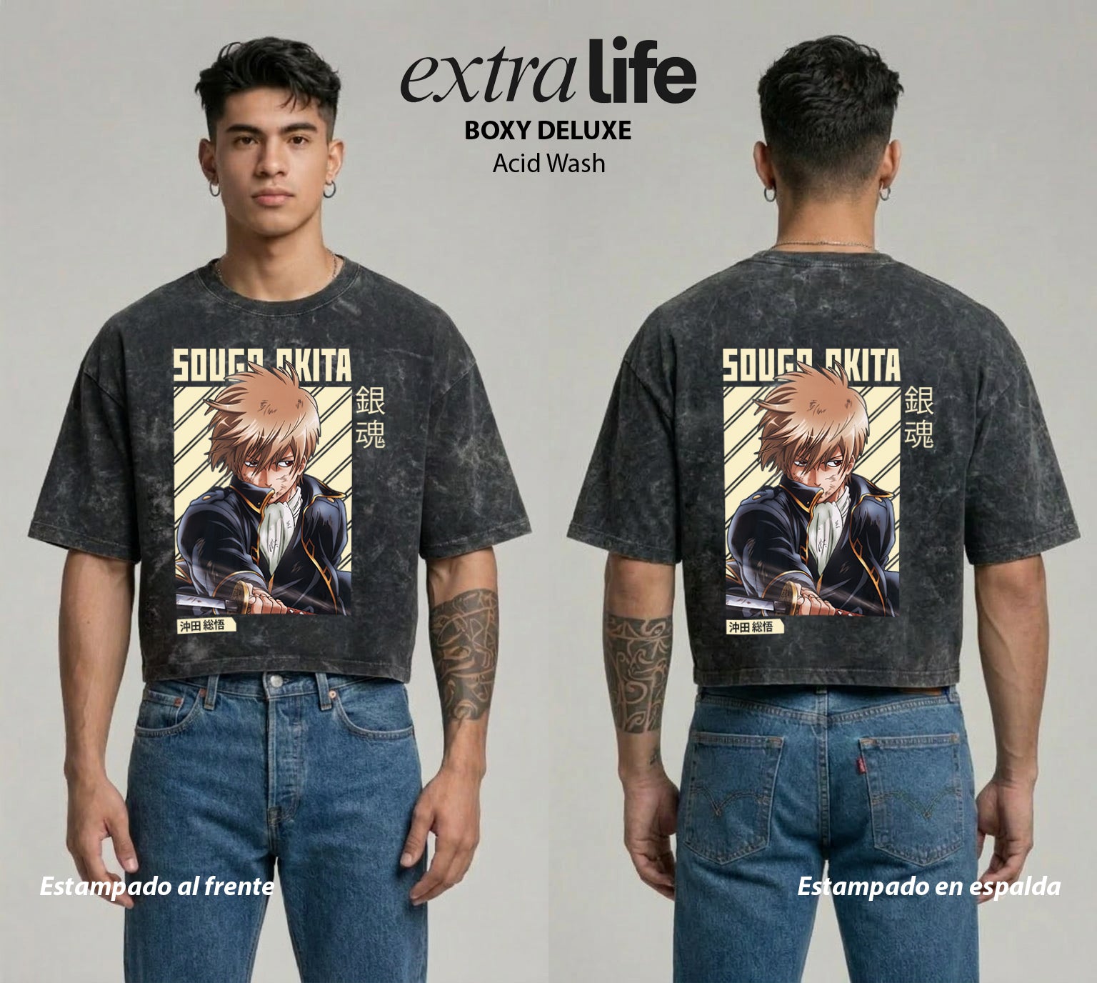 Playera streetwear premium de anime y gaming ExtraLife MX, corte boxy deluxe mineral wash heavyweight en color Acid Wash, moda urbana mexicana de culto.
