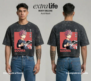 Playera streetwear premium de anime y gaming ExtraLife MX, corte boxy deluxe mineral wash heavyweight en color Acid Wash, moda urbana mexicana de culto.