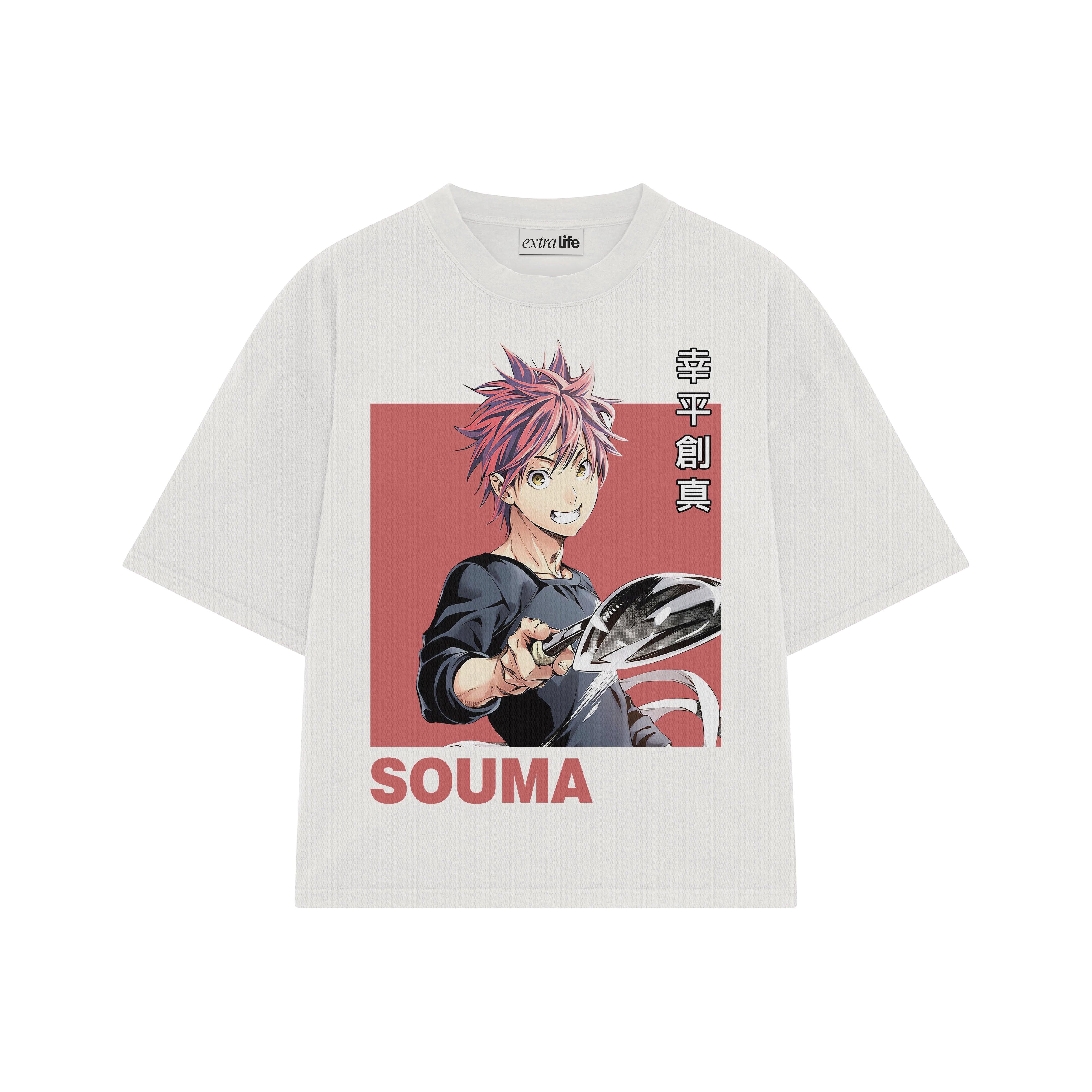Playera streetwear premium de anime y gaming ExtraLife MX, corte boxy oversized drop shoulder heavyweight en color Deep Black y Off-White, moda urbana mexicana de culto.