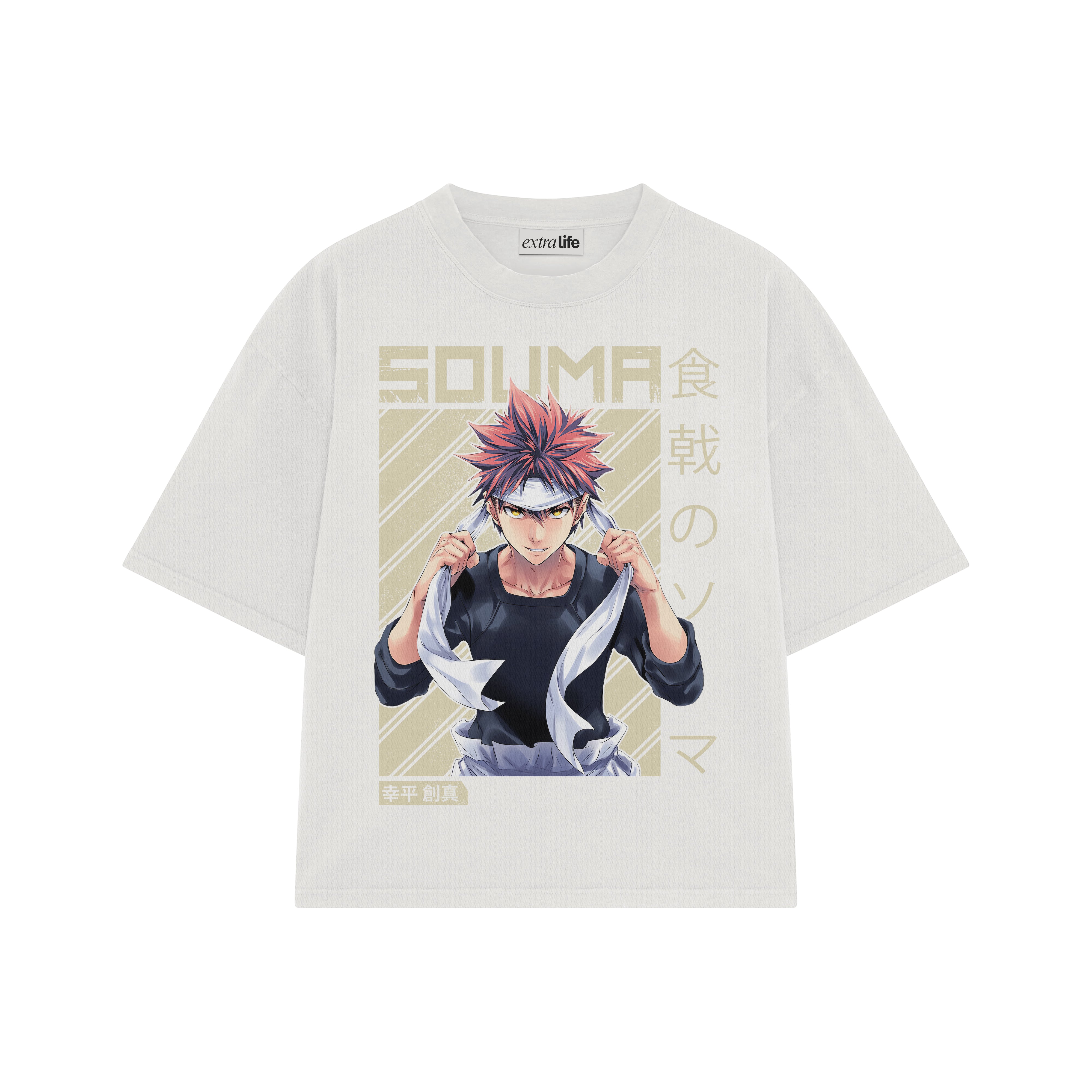 Playera streetwear premium de anime y gaming ExtraLife MX, corte boxy oversized drop shoulder heavyweight en color Deep Black y Off-White, moda urbana mexicana de culto.