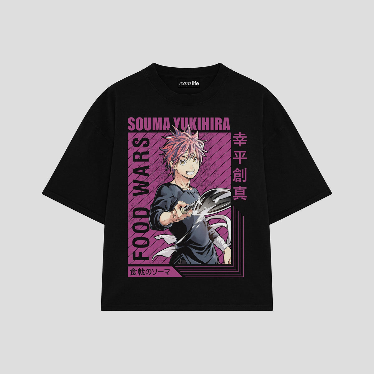 Playera streetwear premium de anime y gaming ExtraLife MX, corte oversized drop shoulder ligero y fresco en color Deep Black y Off-White, moda urbana mexicana de culto.