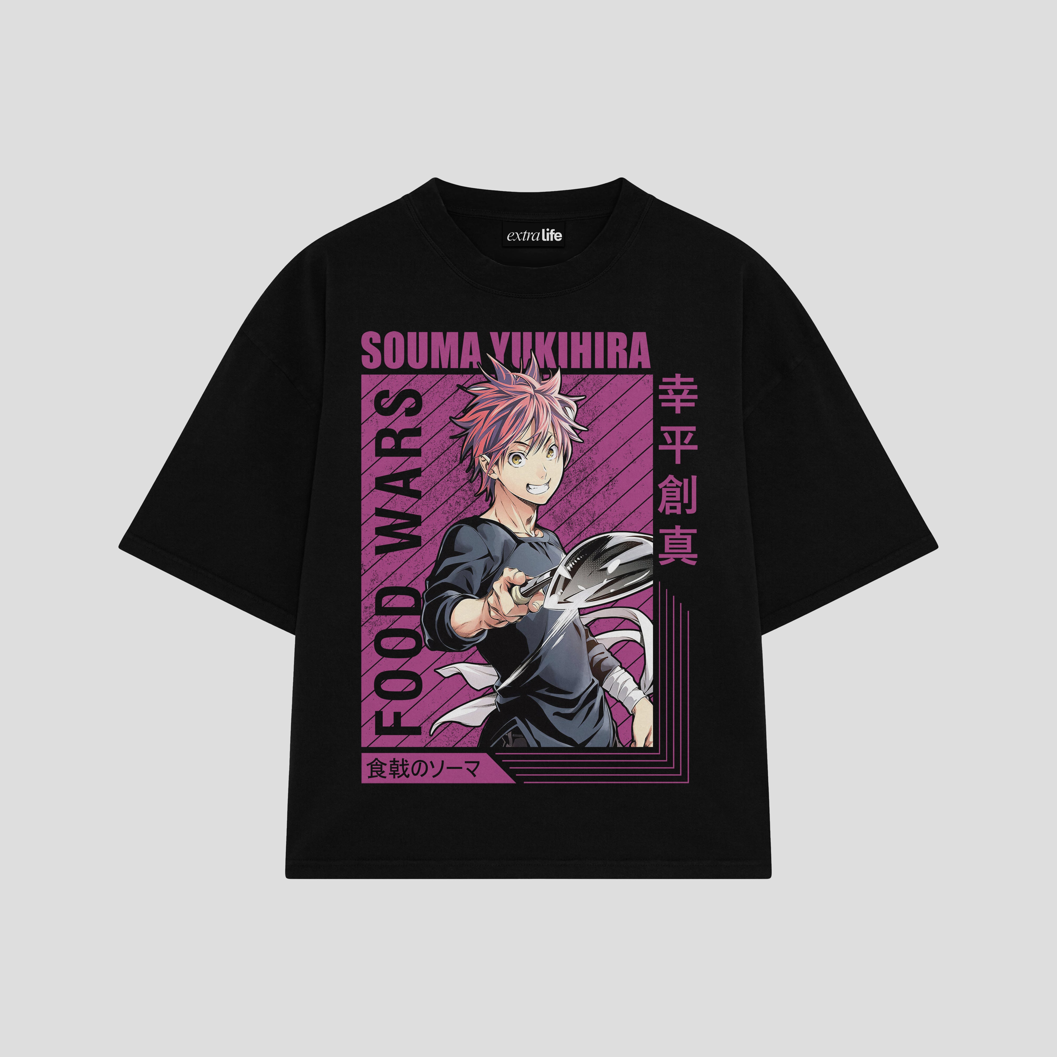 Playera streetwear premium de anime y gaming ExtraLife MX, corte boxy oversized drop shoulder heavyweight en color Deep Black y Off-White, moda urbana mexicana de culto.