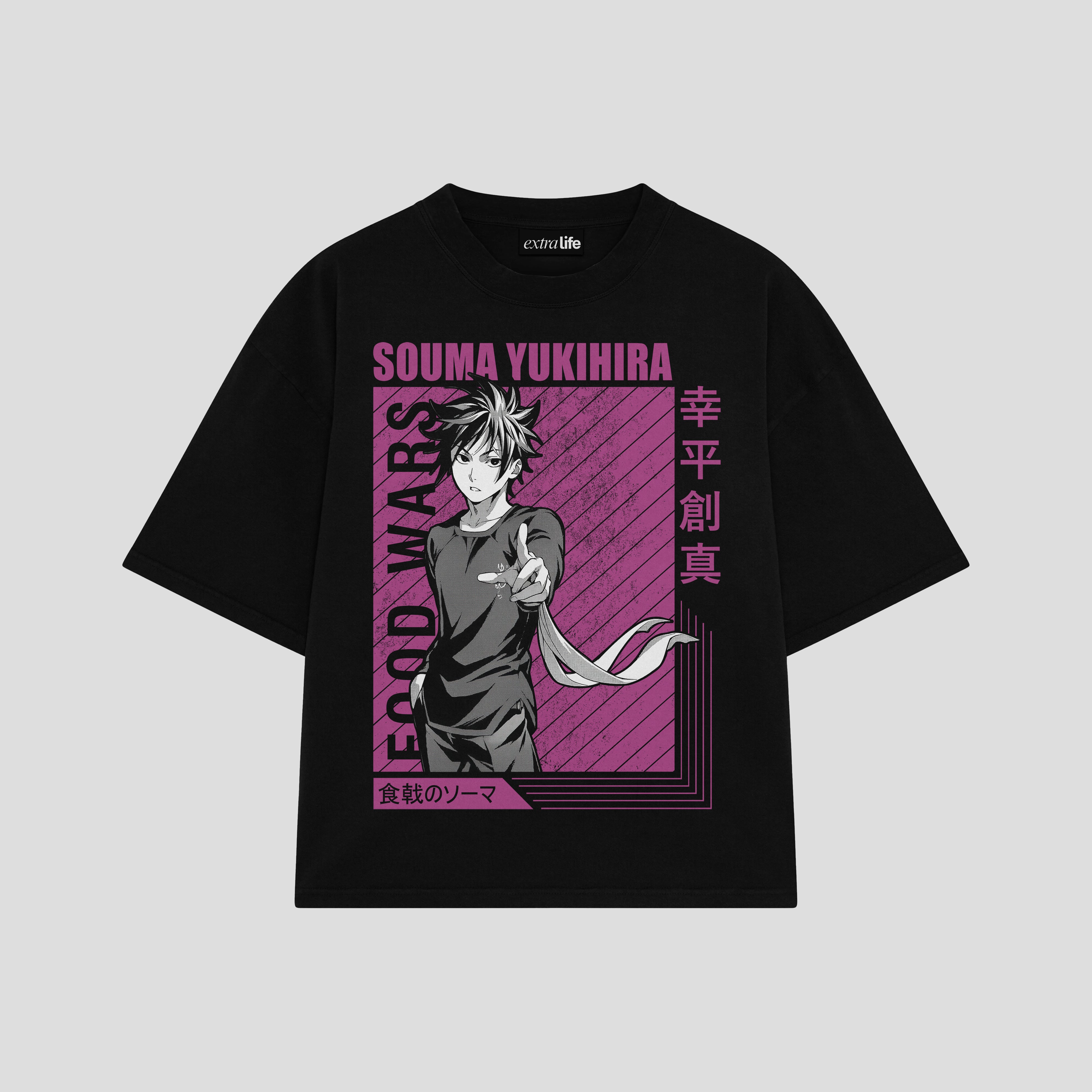 Playera streetwear premium de anime y gaming ExtraLife MX, corte boxy oversized drop shoulder heavyweight en color Deep Black y Off-White, moda urbana mexicana de culto.