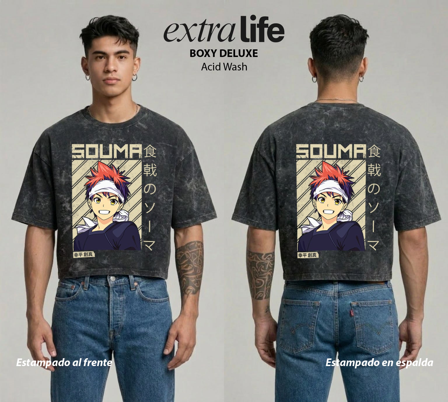 Playera streetwear premium de anime y gaming ExtraLife MX, corte boxy deluxe mineral wash heavyweight en color Acid Wash, moda urbana mexicana de culto.