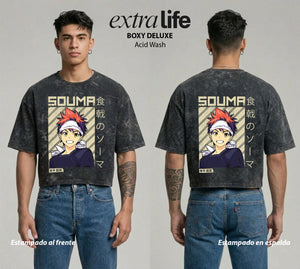 Playera streetwear premium de anime y gaming ExtraLife MX, corte boxy deluxe mineral wash heavyweight en color Acid Wash, moda urbana mexicana de culto.