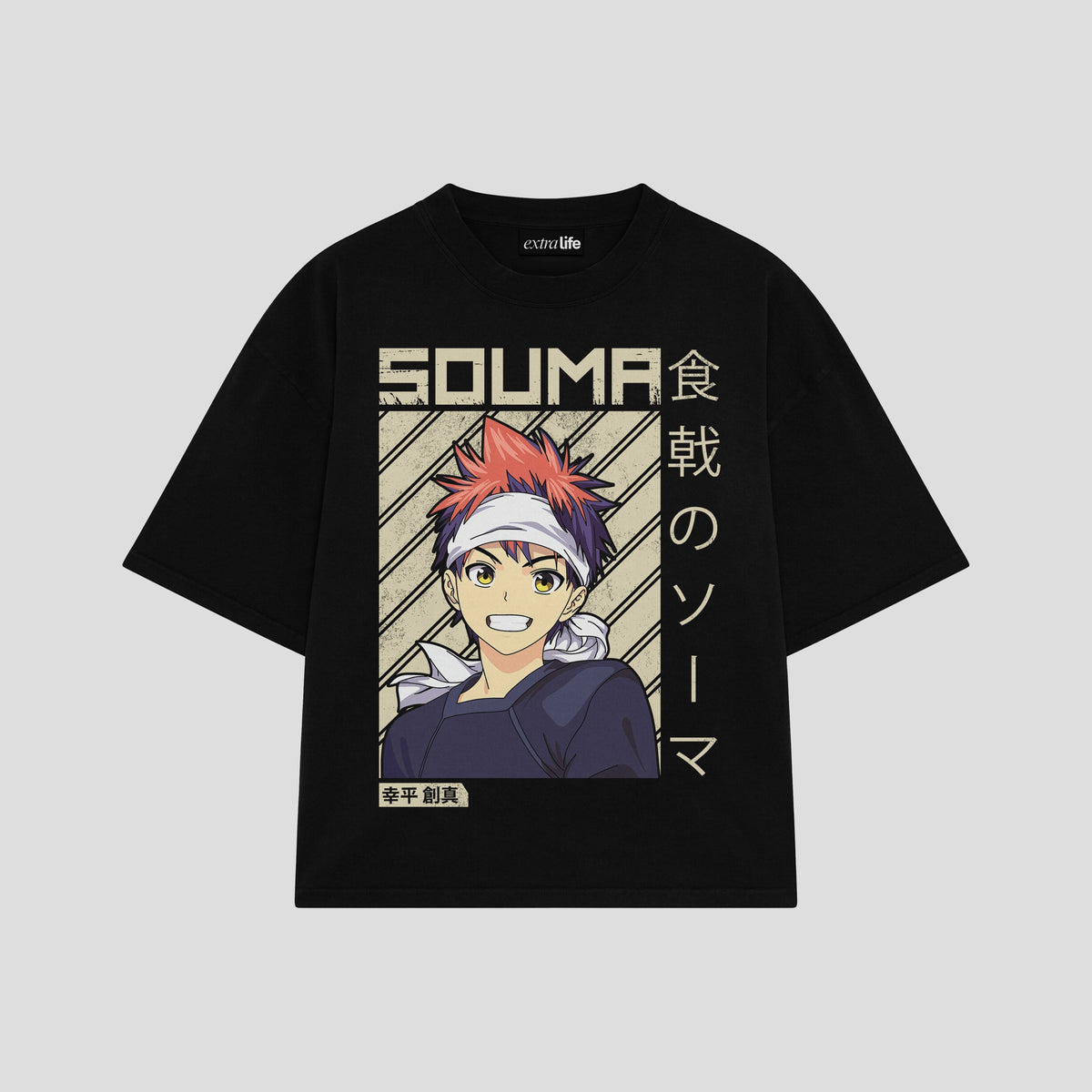 Playera streetwear premium de anime y gaming ExtraLife MX, corte oversized drop shoulder ligero y fresco en color Deep Black y Off-White, moda urbana mexicana de culto.