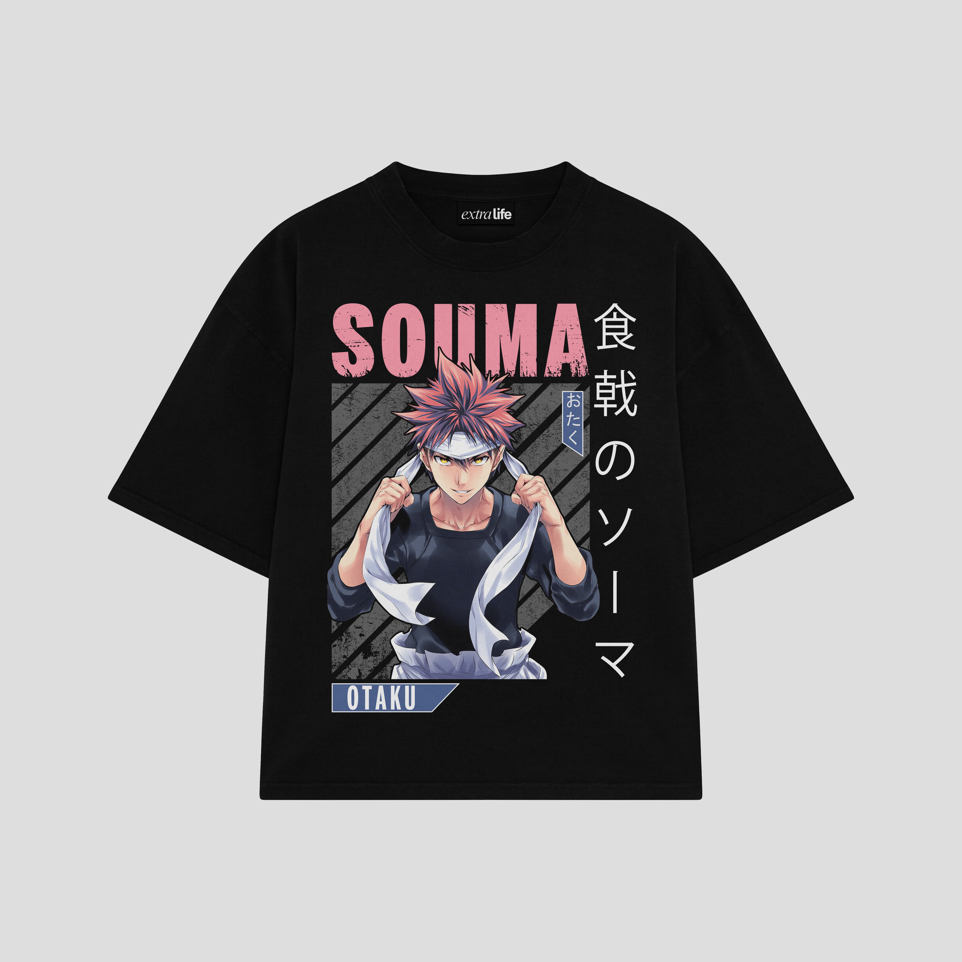Playera streetwear premium de anime y gaming ExtraLife MX, corte boxy oversized drop shoulder heavyweight en color Deep Black y Off-White, moda urbana mexicana de culto.