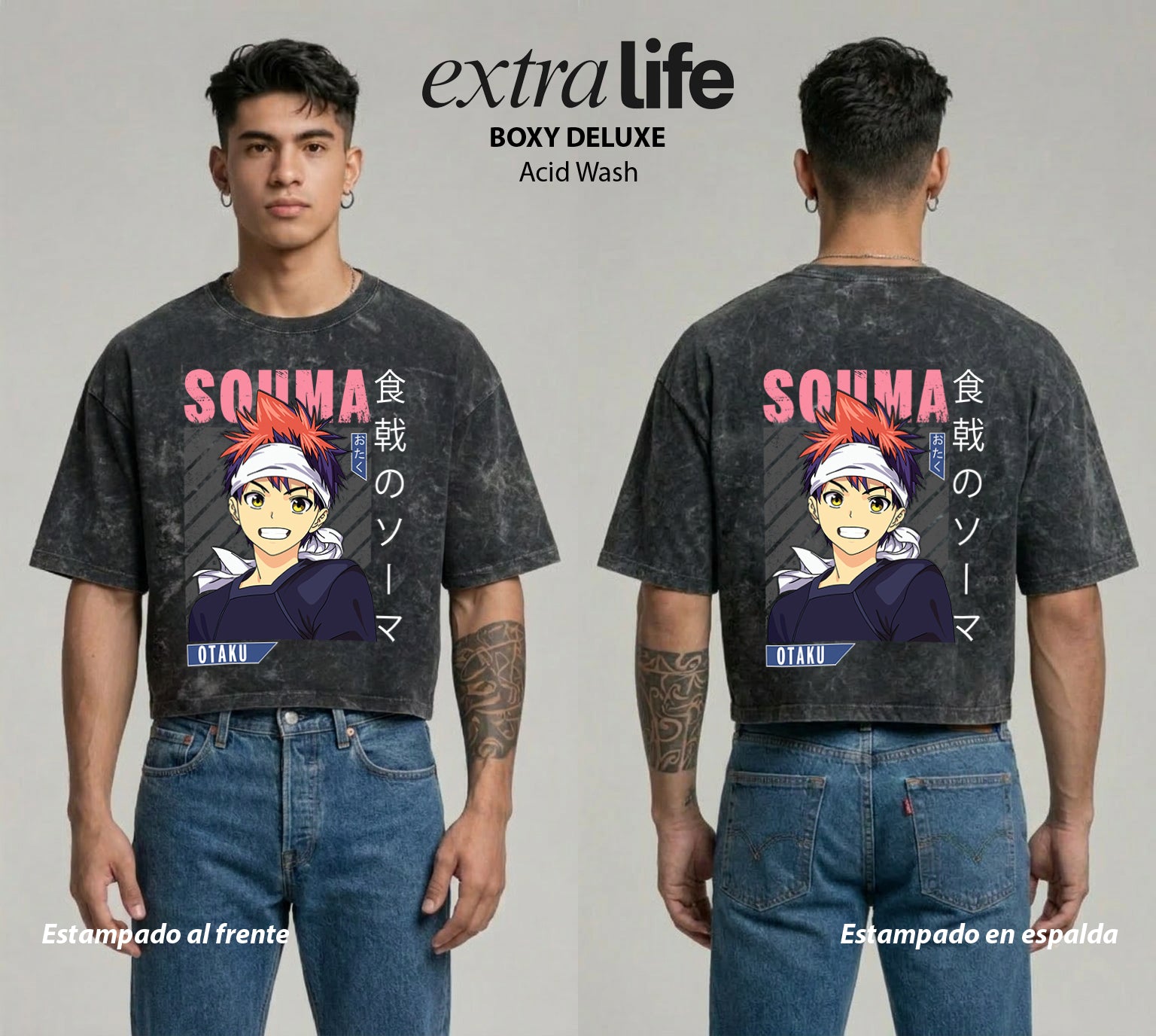 Playera streetwear premium de anime y gaming ExtraLife MX, corte boxy deluxe mineral wash heavyweight en color Acid Wash, moda urbana mexicana de culto.