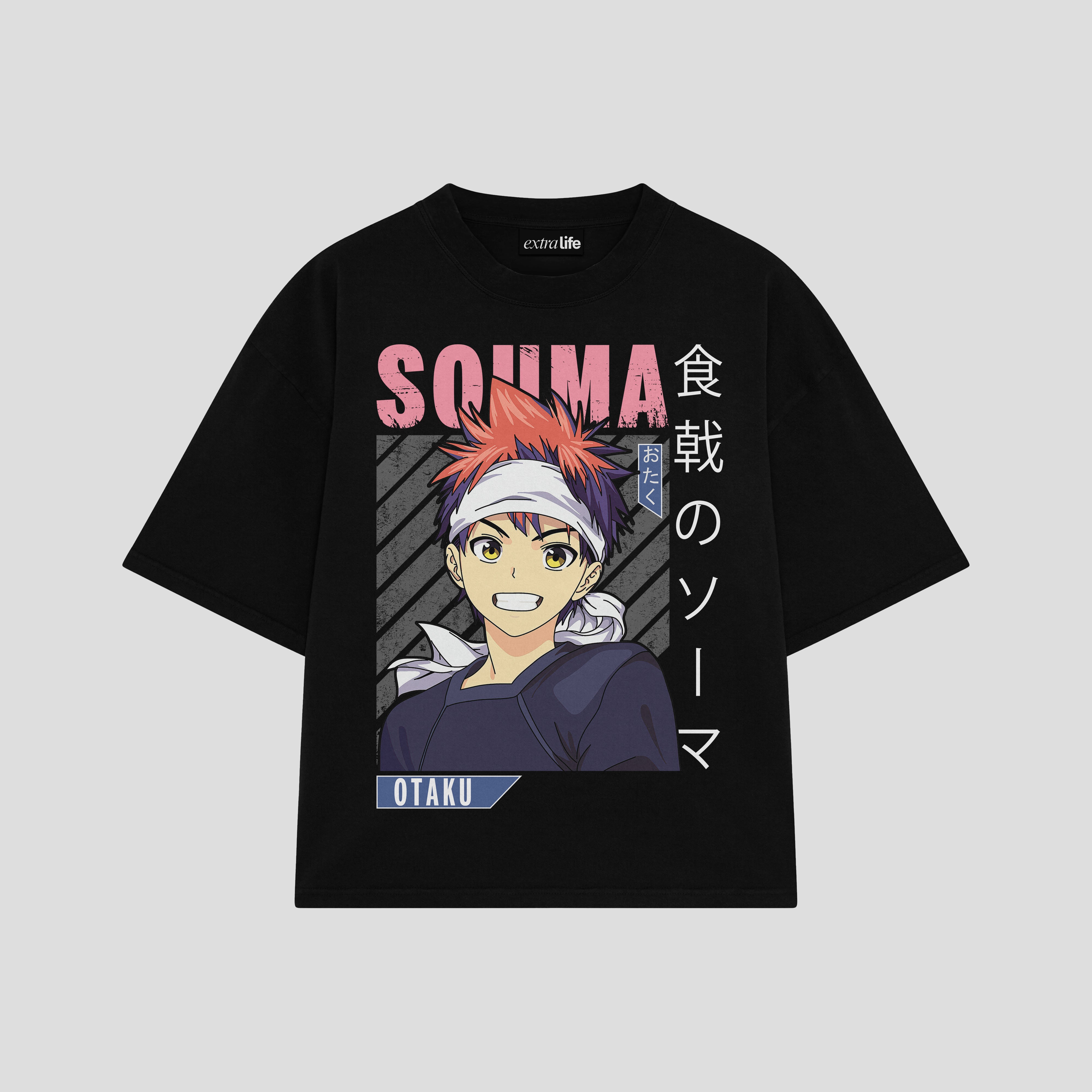 Playera streetwear premium de anime y gaming ExtraLife MX, corte boxy oversized drop shoulder heavyweight en color Deep Black y Off-White, moda urbana mexicana de culto.